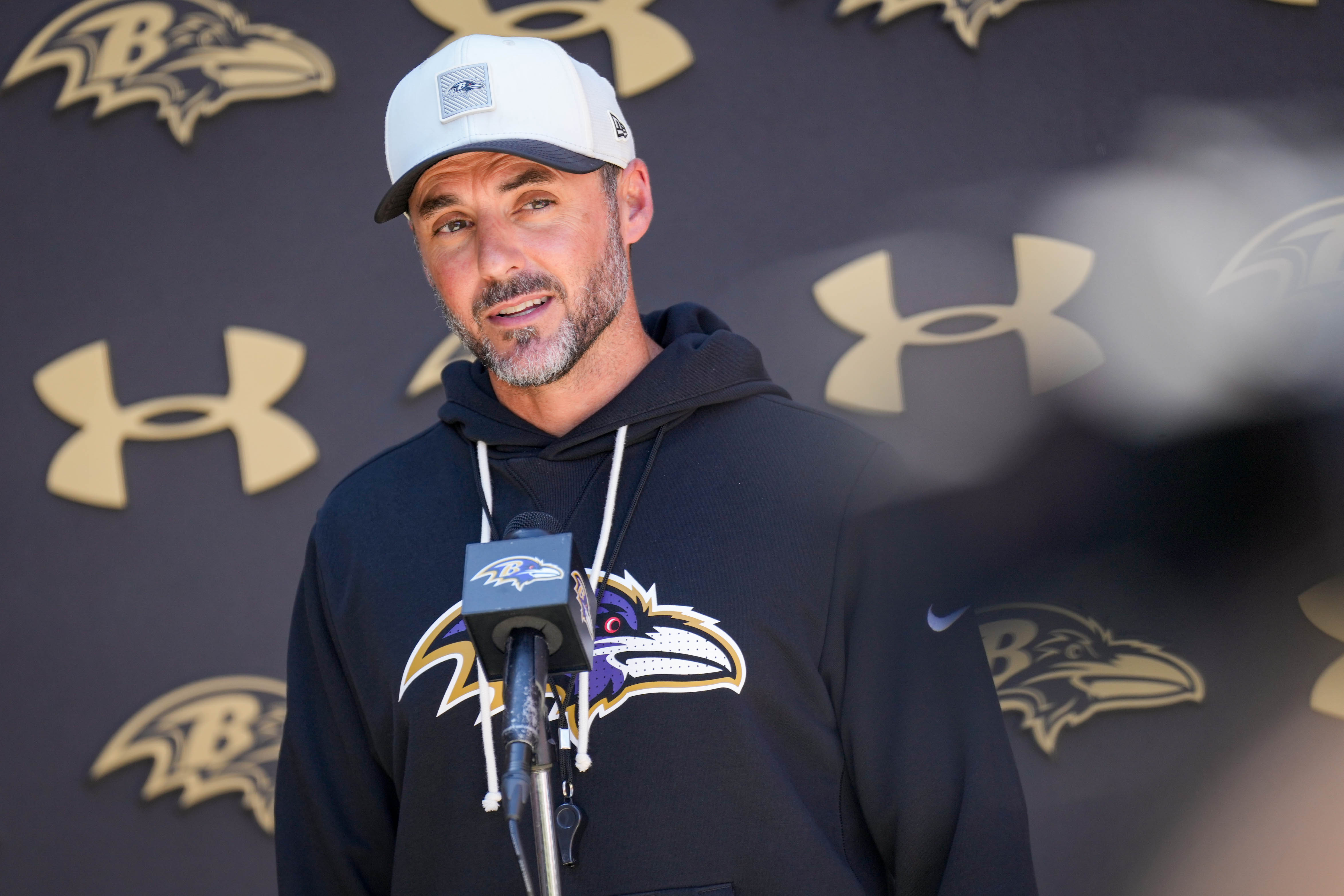 Baltimore Ravens head coach Jesse Minter following the team’s Training Camp session in Owings Mills earlier this year.