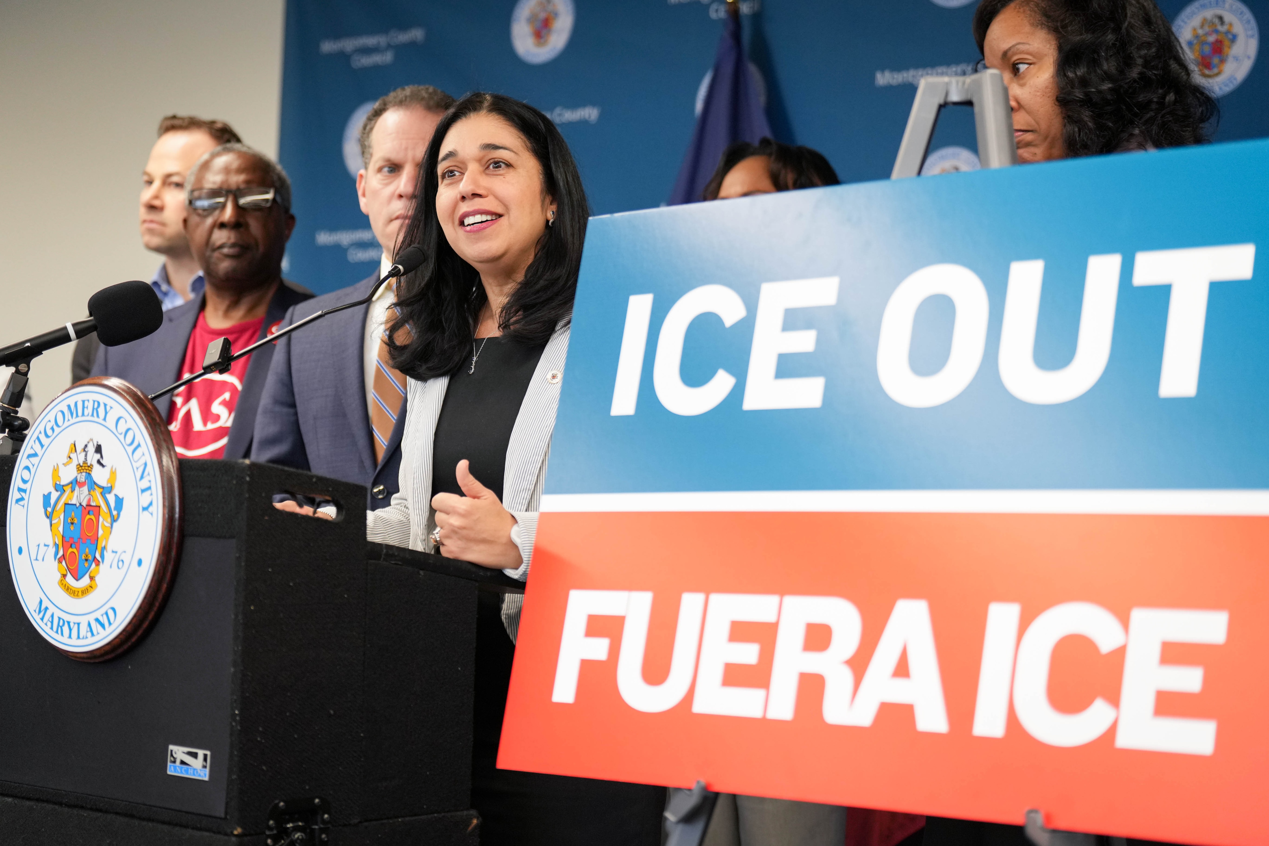 Montgomery County Council President Natali Fani-González delivers remarks as the Montgomery County Council announced the ICE OUT Act in March. 