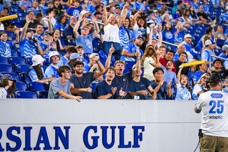 Supporters cheer for the Annapolis Blues during a game on June 7, 2025.