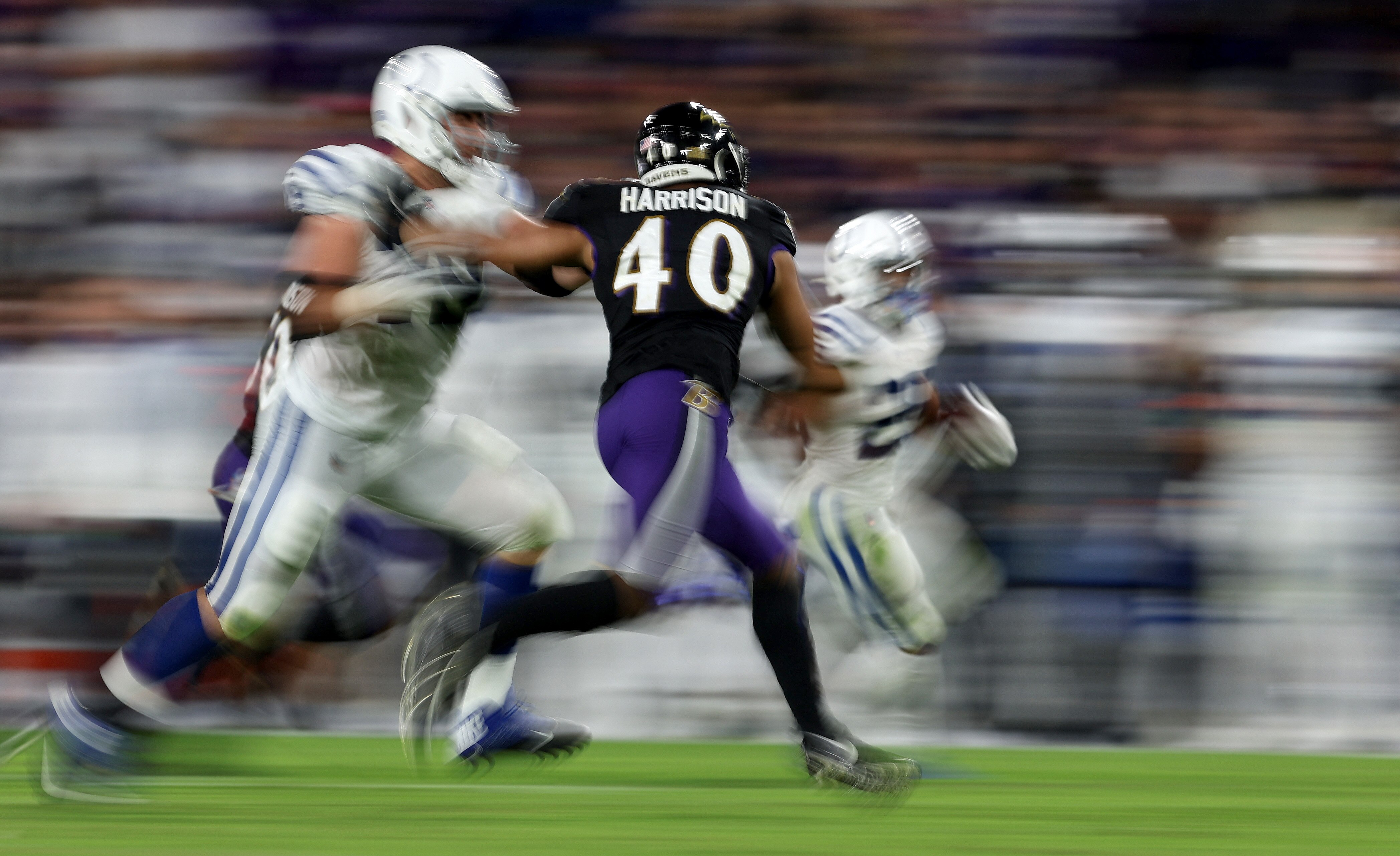 : Malik Harrison #40 of the Baltimore Ravens chases down a rusher during the third quarter in a game against the Indianapolis Colts at M&T Bank Stadium on October 11, 2021 in Baltimore, Maryland.