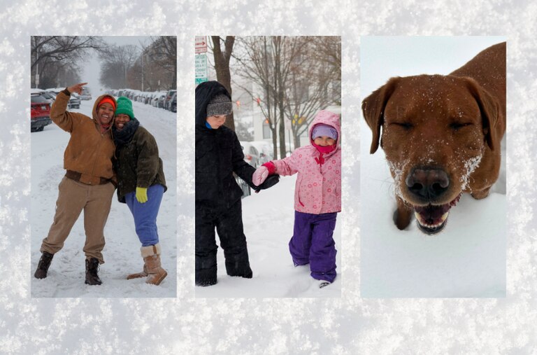 Three side-by-side photos during a snowfall: two adults smiling and posing on a snowy city street; two young children in winter coats holding hands while walking through deep snow; and a brown dog with snow on its nose and face, eyes closed, standing in the snow.