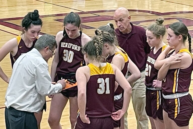 Hereford coach Dave Schreiner draws up a play for the Bulls late in their 41-38 state semifinal loss to Kent Island. The Bulls, who were state finalists last season and reached the final four three of the past four years, finished the season 19-5.