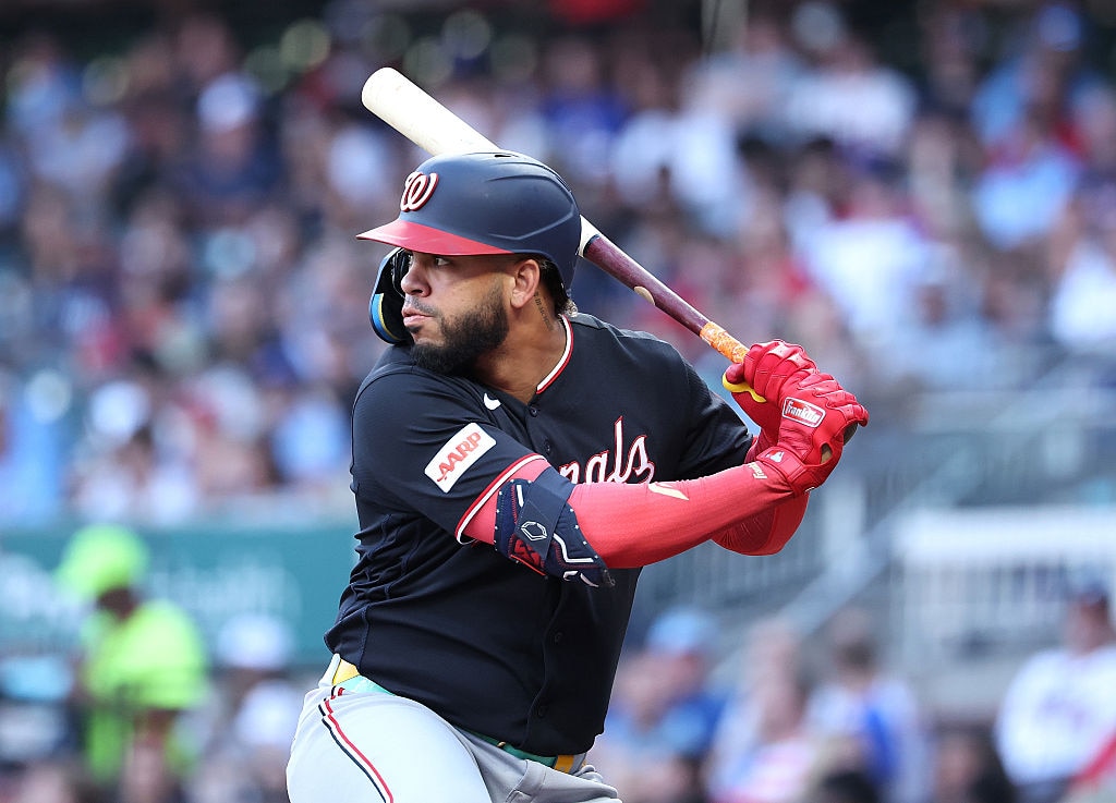 Washington Nationals infielder Luis García Jr., bats in the third inning against the Atlanta Braves on July 30.