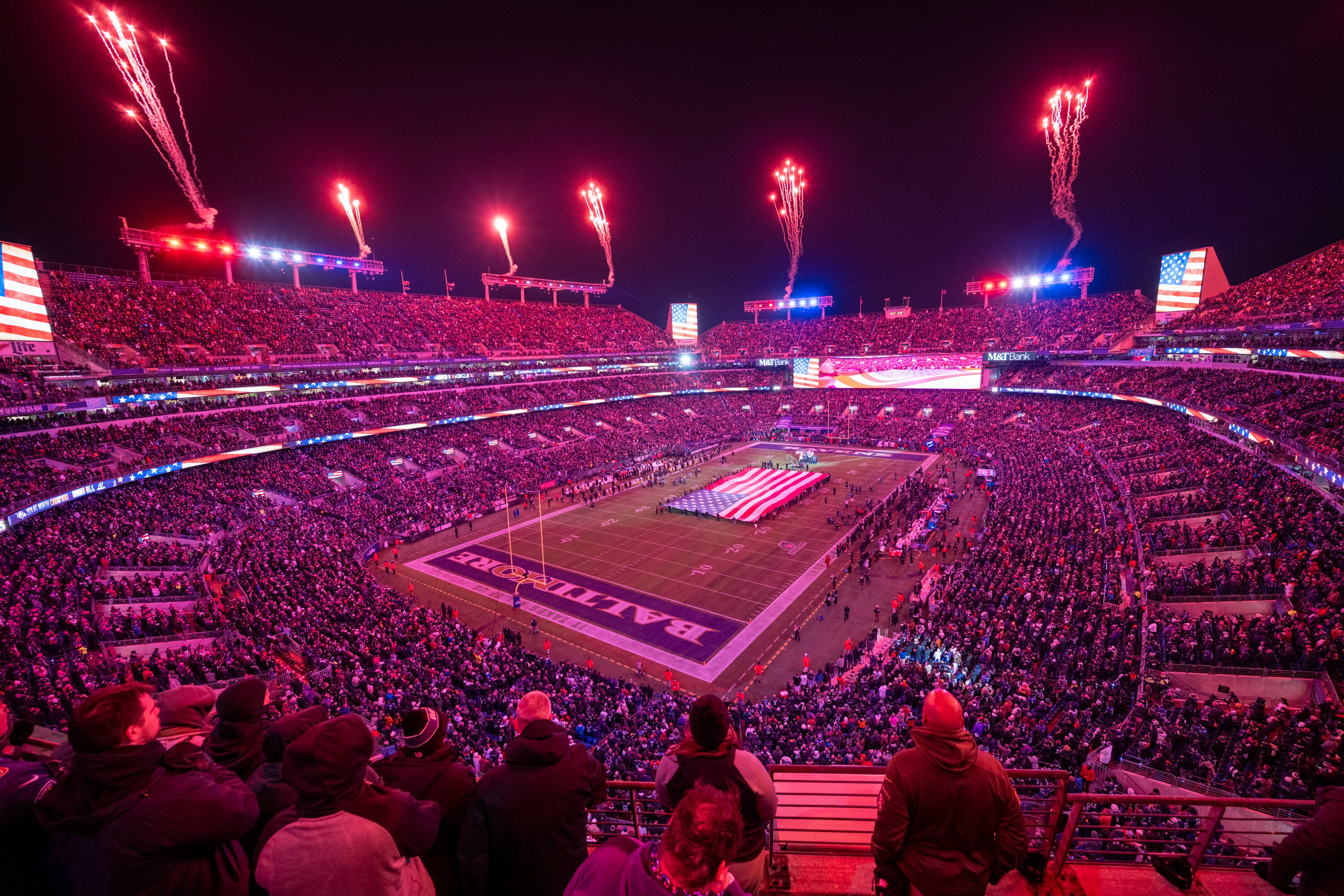 Fireworks erupt during pregame festivities as the Ravens prepare to host the Steelers in a playoff game last month.