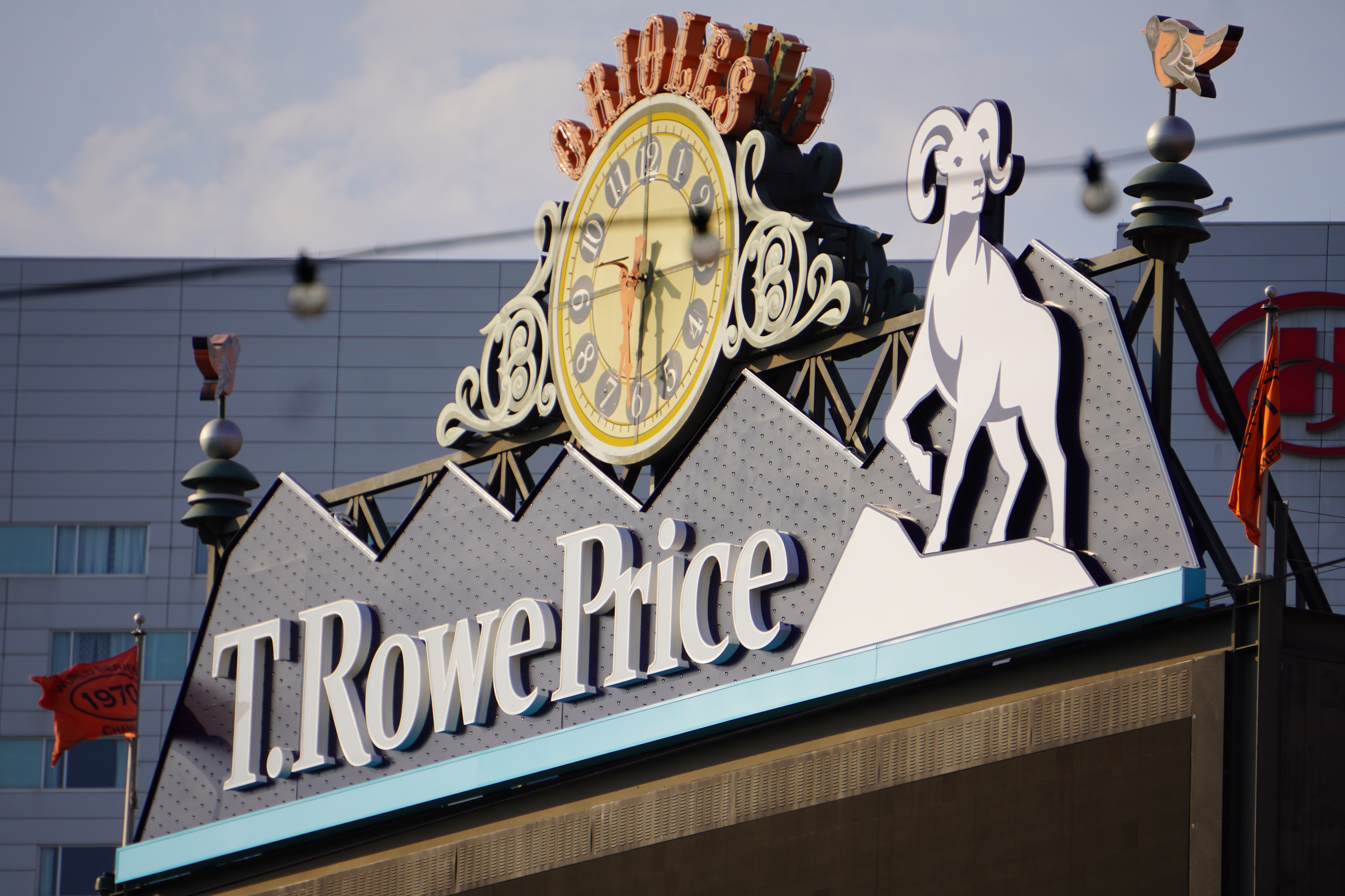 The completed T. Rowe Price sign above the scoreboard at Oriole Park at Camden Yards.