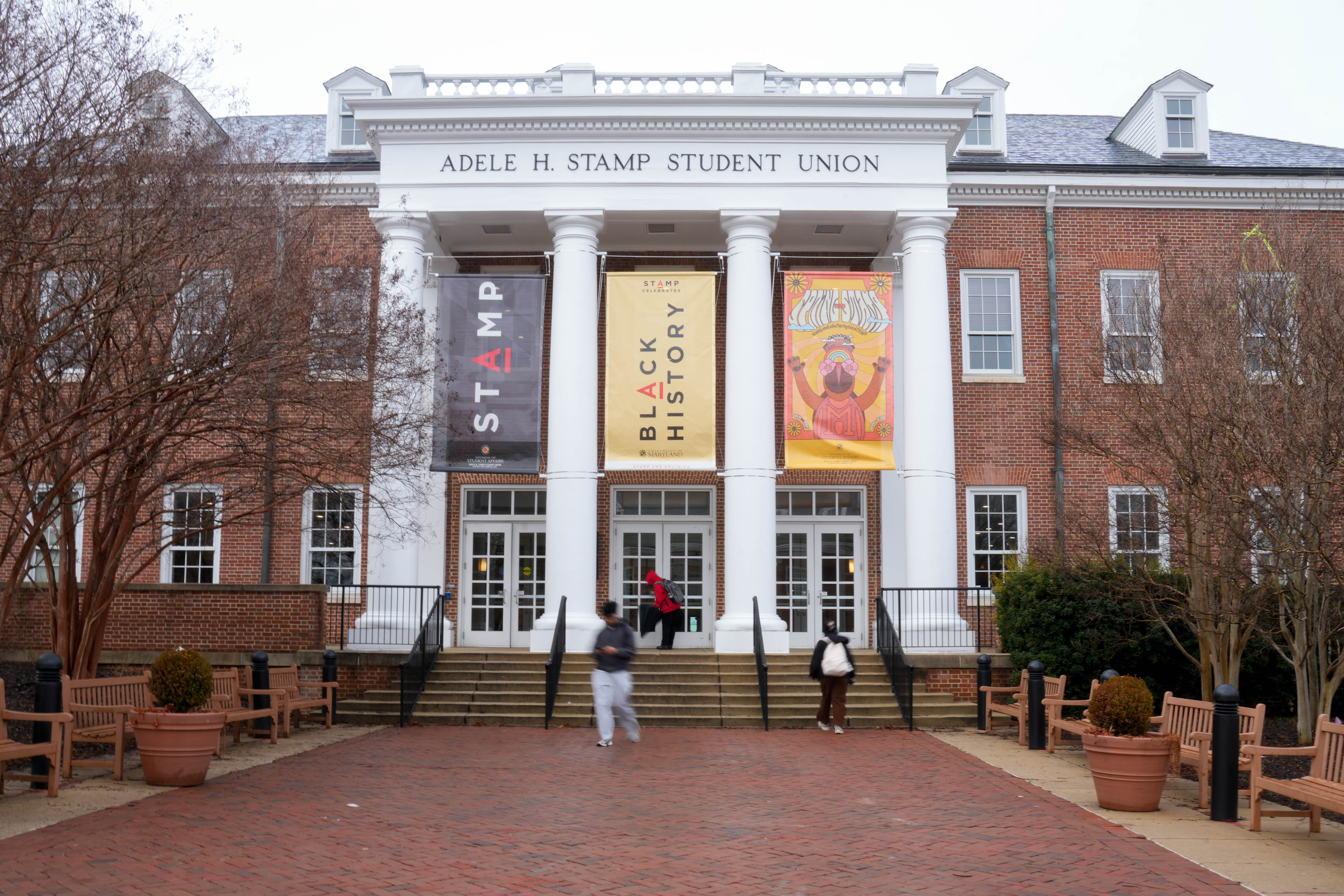Students exit the Stamp Student Union at the University of Maryland in College Park.