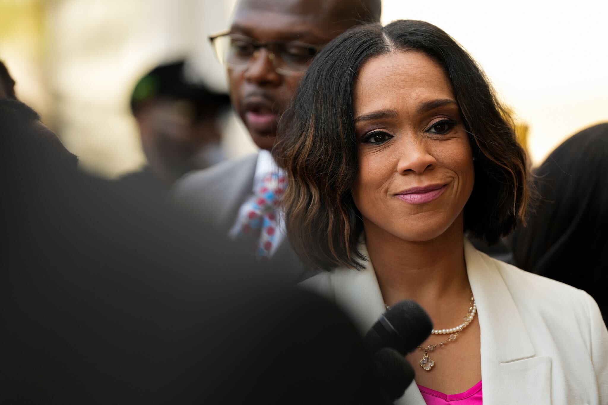 Former Baltimore State's Attorney Marilyn Mosby stands outside the federal courthouse in Greenbelt after being sentenced to three years of probation, which includes a year of house arrest, May 23, 2024. She was convicted earlier this year of perjury and fraud.