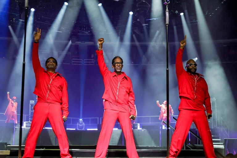 LAS VEGAS, NEVADA - JANUARY 30: (L-R) Nathan Morris, Shawn Stockman and Wanya Morris of Boyz II Men perform during a stop of the New Edition Way tour at T-Mobile Arena on January 30, 2026 in Las Vegas, Nevada. (Photo by Ethan Miller/Getty Images)