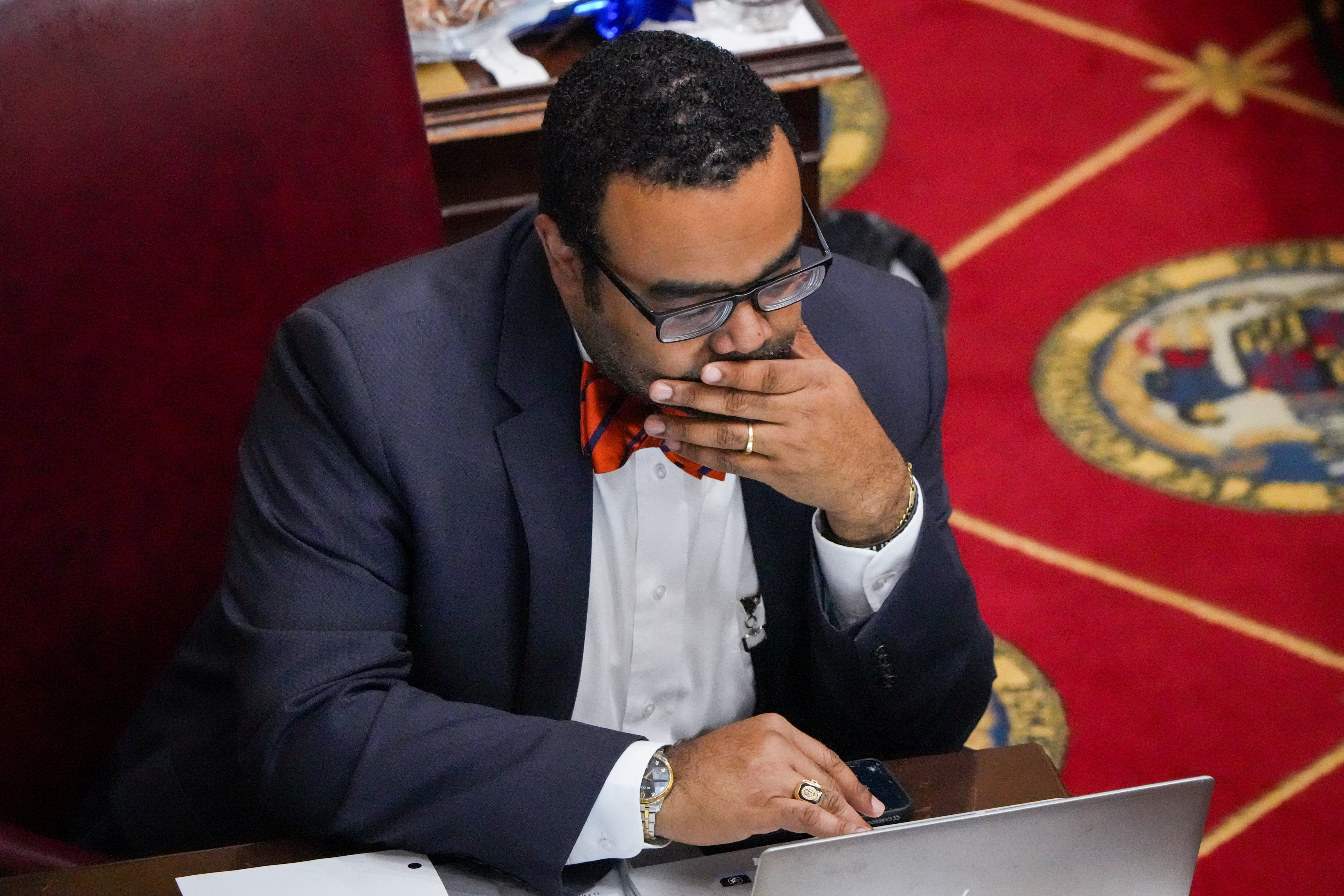 Sen. Charles Sydnor, a Baltimore County Democrat, sits in the Maryland State House during the final day of the 2024 General Assembly Session. Sydnor has sponsored legislation aimed at curbing racial disparities in traffic stops.