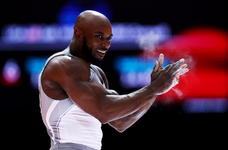 JAKARTA, INDONESIA - OCTOBER 25: Donnell Whittenburg of Team United States reacts after competing in the Men's parallel bars apparatus final on day seven of the Artistic Gymnastics World Championships at Indonesia Arena on October 25, 2025 in Jakarta, Indonesia.