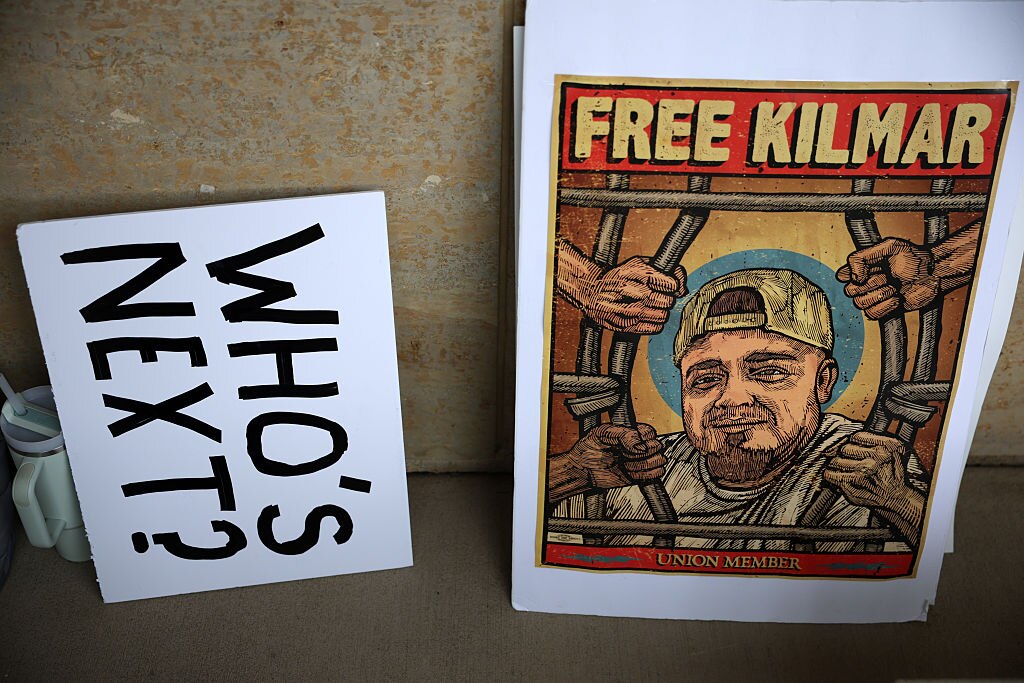 Supporting signs are displayed outside the U.S. District Court for Maryland during a hearing on Kilmar Abrego Garcia's case on July 10, 2025 in Greenbelt, Maryland.