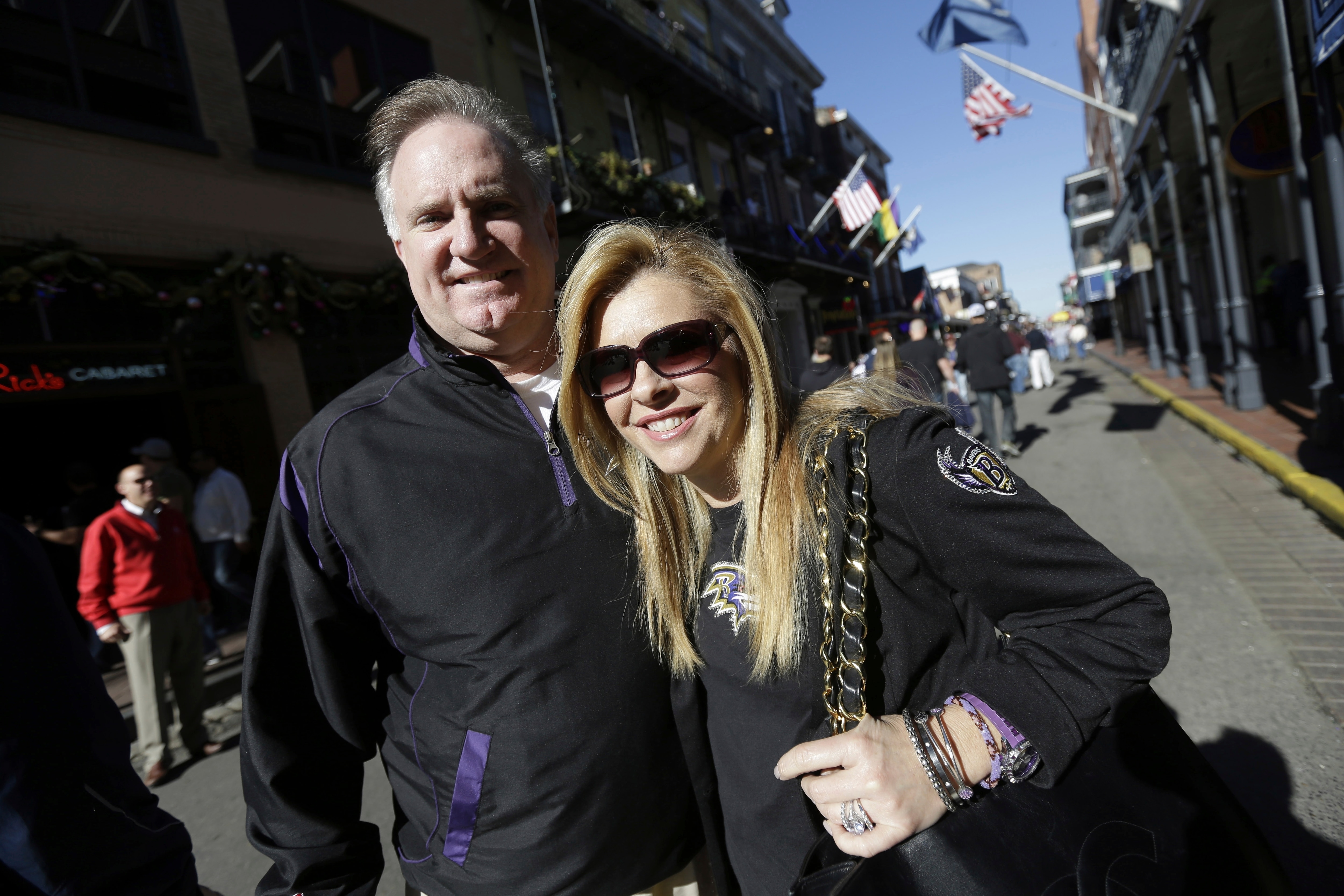 Sean and Leigh Anne Tuohy stand on a street in New Orleans, Feb. 1, 2013. Oher, the former NFL tackle known for the movie “The Blind Side,” filed a petition Monday, Aug. 14, 2023, in a Tennessee probate court accusing Sean and Leigh Anne Tuohy of lying to him by having him sign papers making them his conservators rather than his adoptive parents nearly two decades ago.