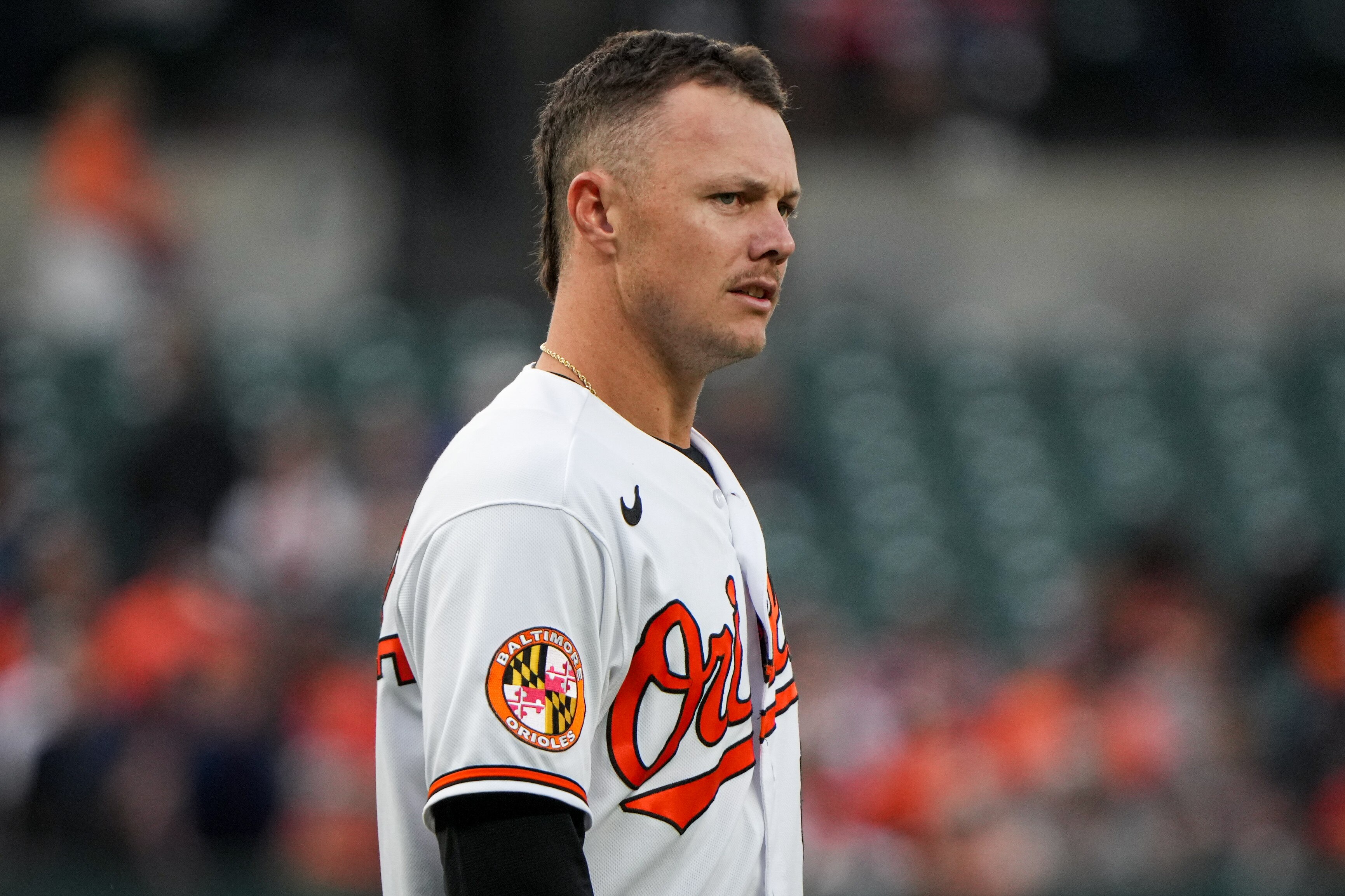 Baltimore Orioles first baseman Ryan Mountcastle (6) walks to first base between innings in a game against the Los Angeles Angels at Camden Yards on Wednesday, May 17. The Orioles won game three of the series, 3-1.