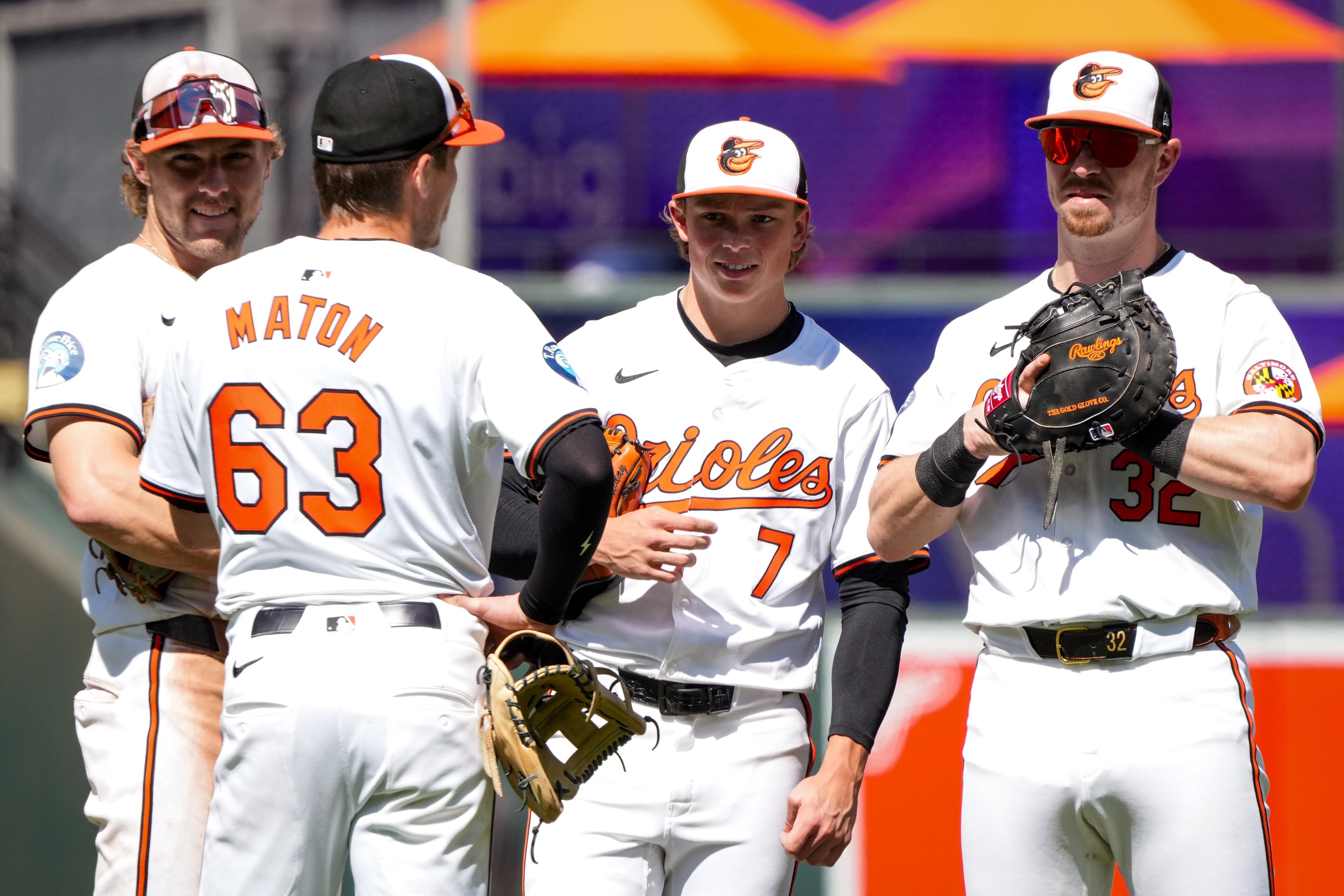 Orioles designated hitter Ryan O’Hearn, right, and second baseman Jackson Holliday, second from right, advanced to the second phase of American League All-Star voting.
