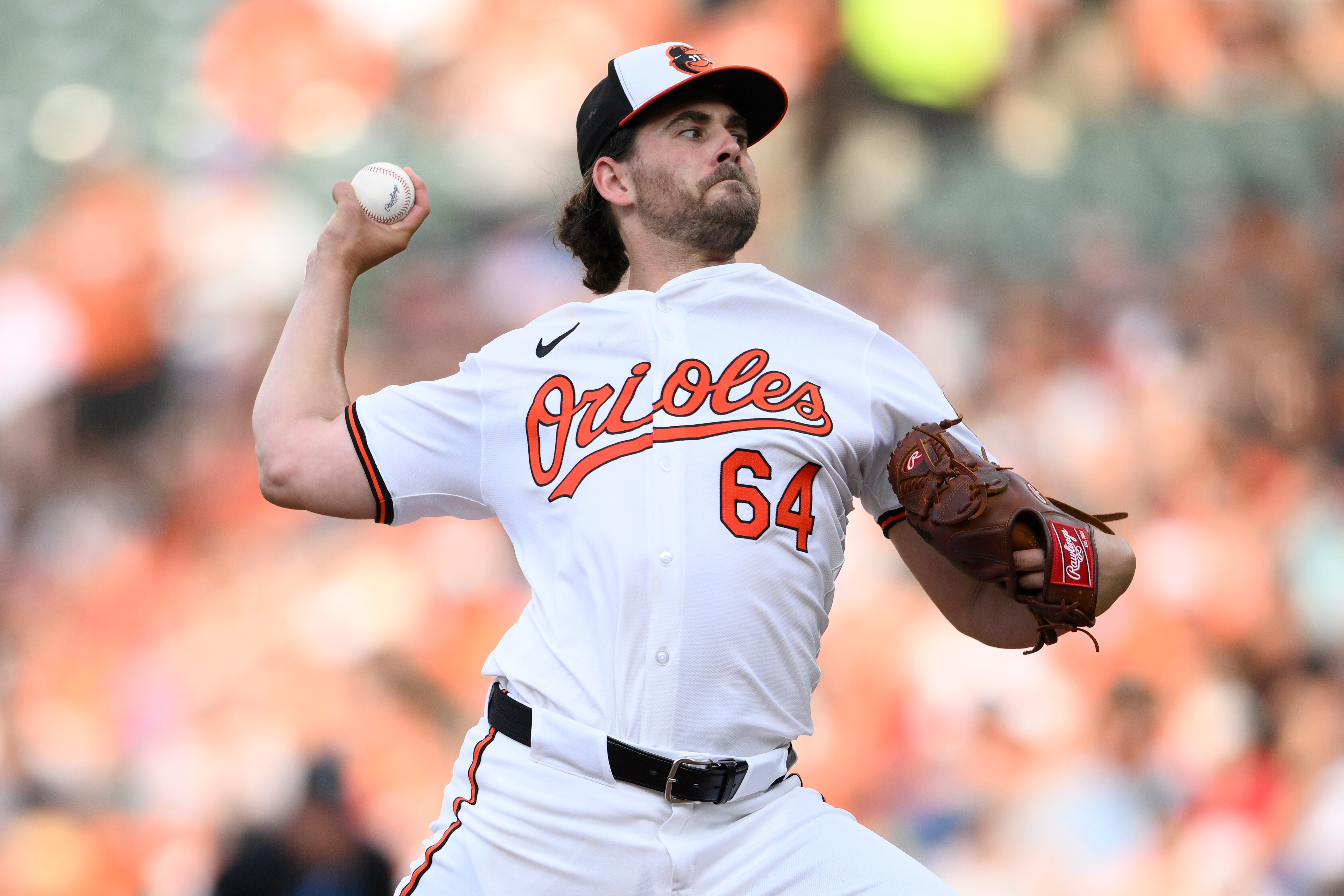 Baltimore Orioles starting pitcher Dean Kremer throws during the second inning of a baseball game against the Chicago Cubs, Tuesday, July 9, 2024, in Baltimore. (AP Photo/Nick Wass)