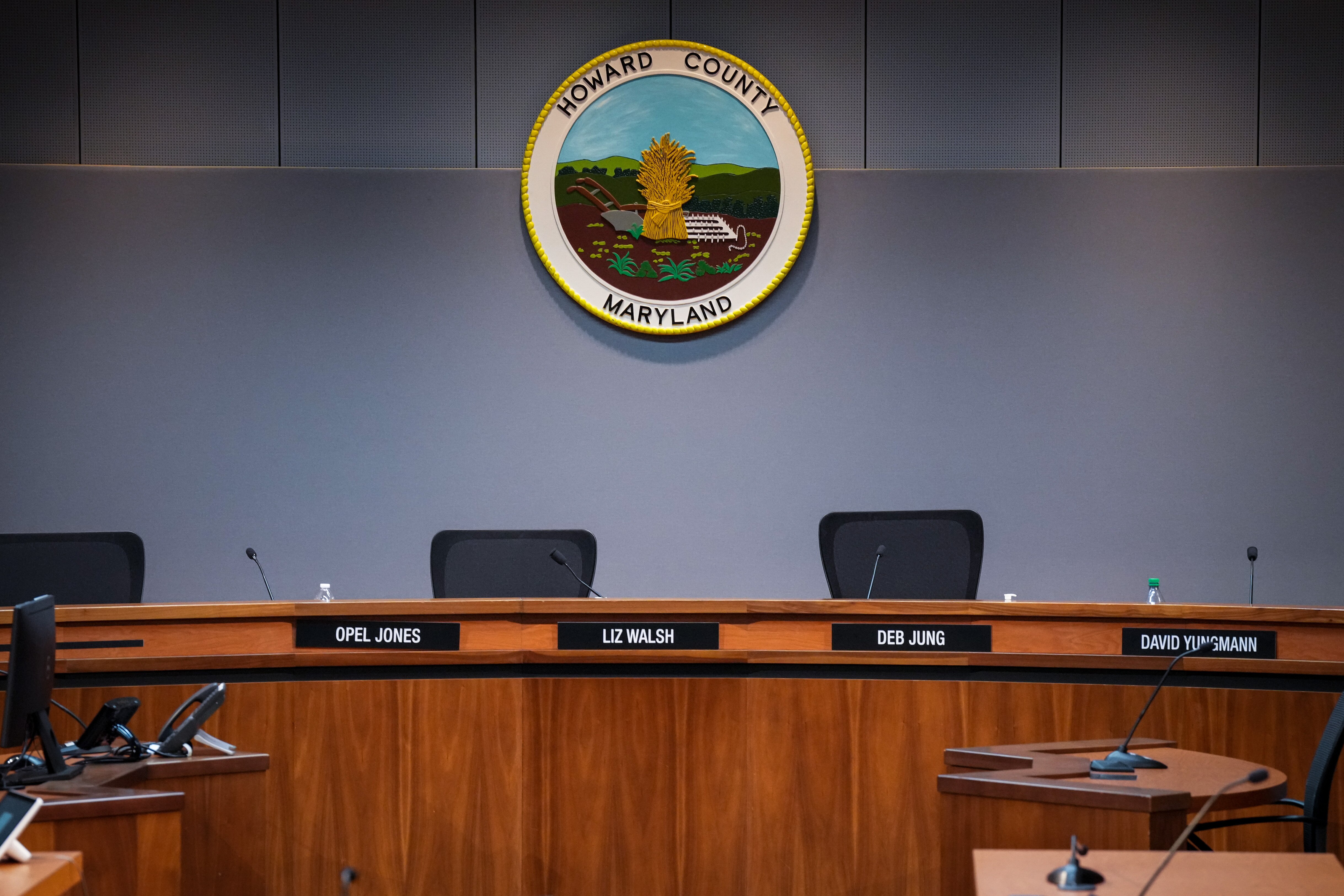The Howard County Council’s chamber, known as the Banneker Room, inside the George Howard government building in Ellicott City where the council meets, seen on February 5, 2024.
