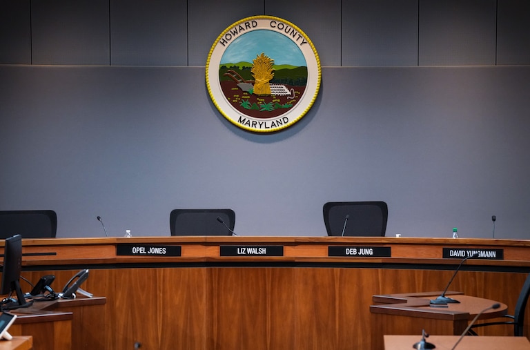 The Howard County Council’s chamber, known as the Banneker Room, inside the George Howard government building in Ellicott City where the council meets, seen on February 5, 2024.