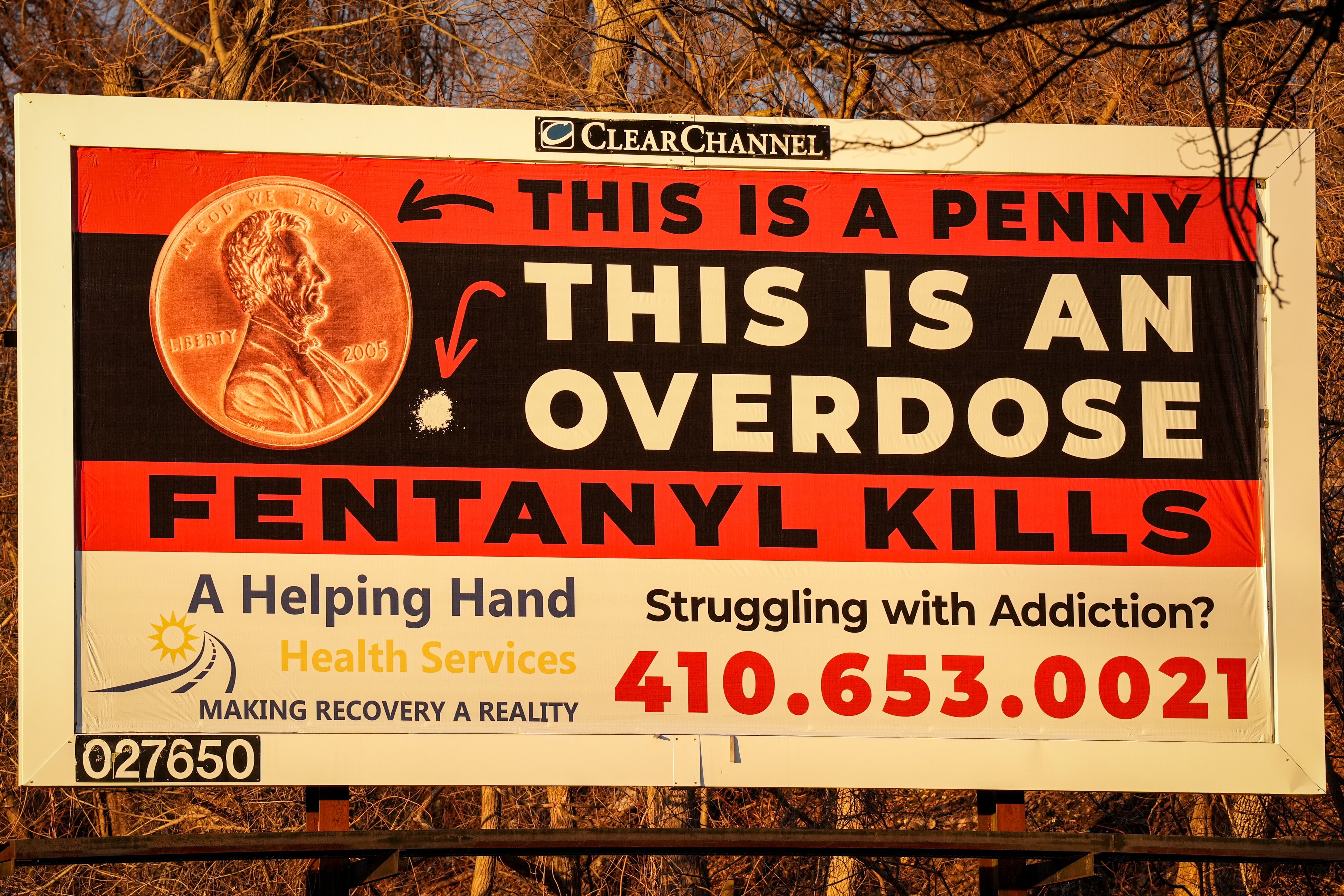 A billboard spreading awareness about the dangers of fentanyl usage seen near Mondawmin Mall on Feb. 7, 2024.