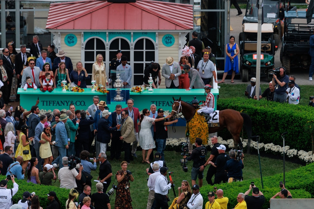 Journalism takes to the winners circle following The Preakness Stakes at Pimlico Race Course on Saturday, May 17, 2025, in Baltimore.