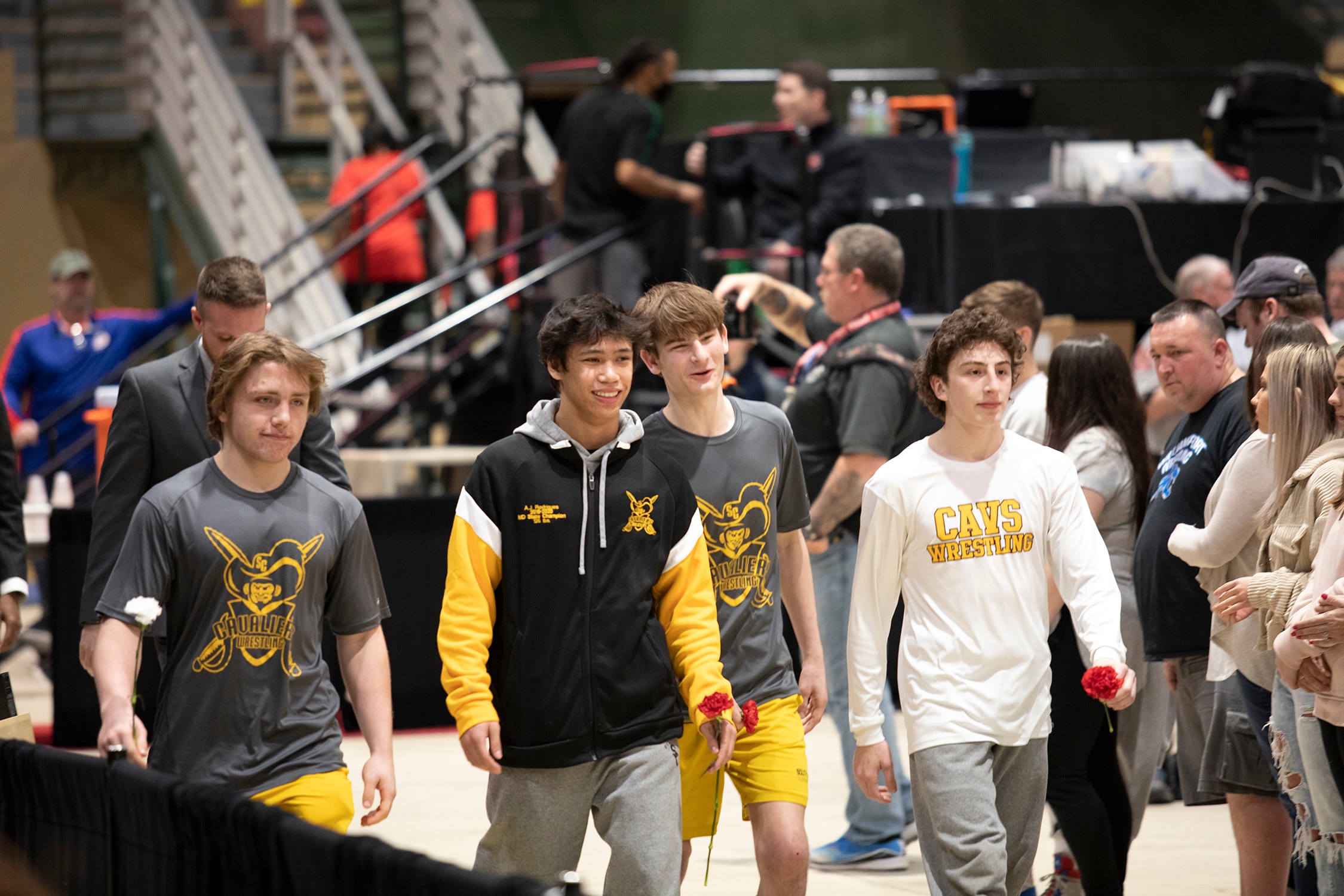 (From left) South Carroll senior wrestlers – state runner-up Rylan Moose and state champs A.J. Rodriguez, Gage Owen and Mike Pizzuto