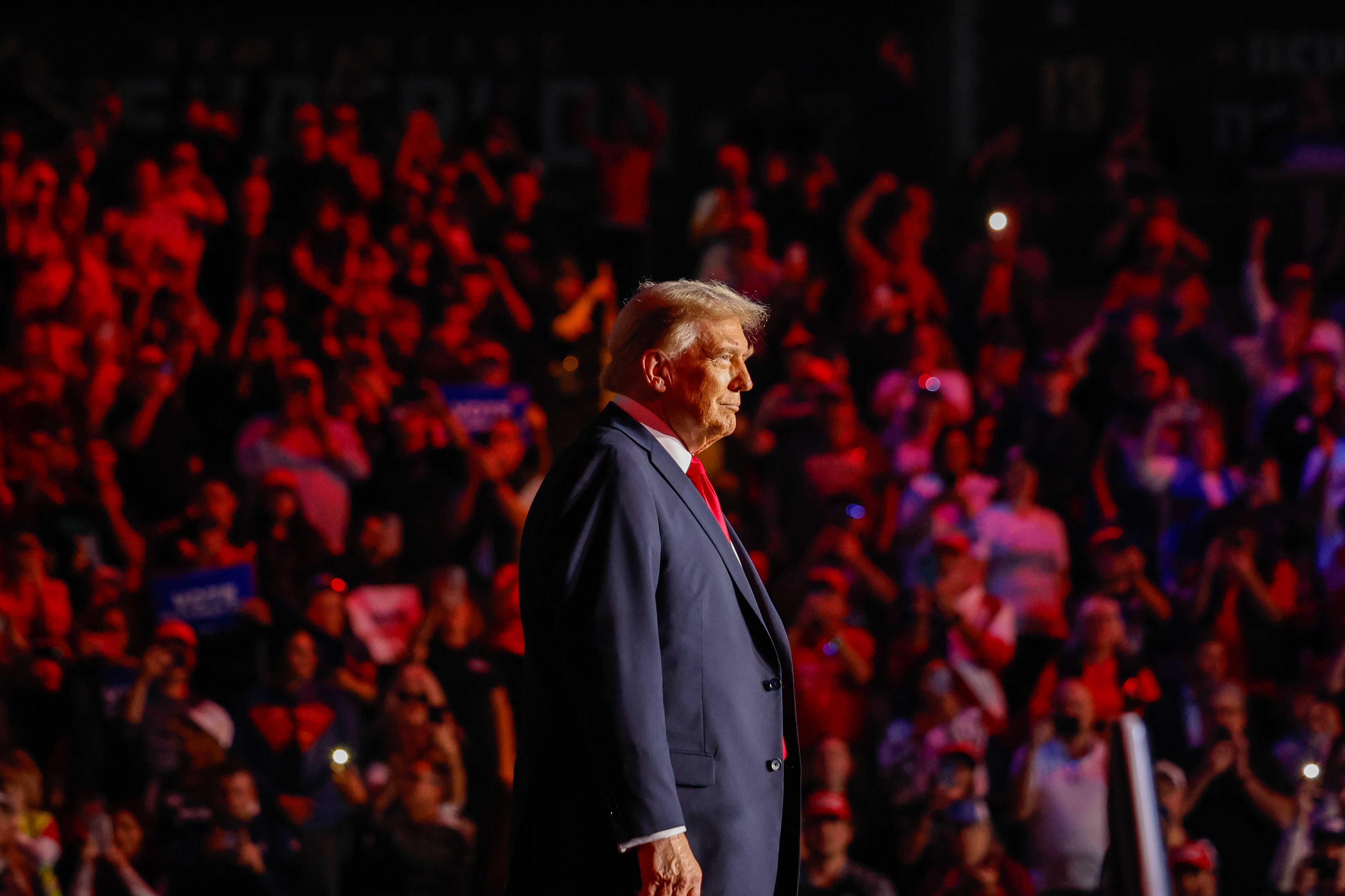 HENDERSON, NEVADA - OCTOBER 31: Republican presidential nominee, former President Donald Trump greets supporters during  a campaign rally at Lee’s Family Forum on October 31, 2024 in Henderson, Nevada. With less than a week until Election Day, Trump is campaigning for re-election on Thursday in New Mexico and the battleground states of Nevada and Arizona.