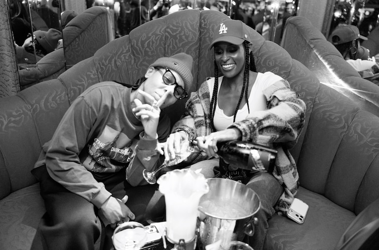 Lena Waithe, left, and actress Issa Rae hang out at the “trinity” after-party at Bloom’s in Mount Vernon on Feb. 18, 2026.