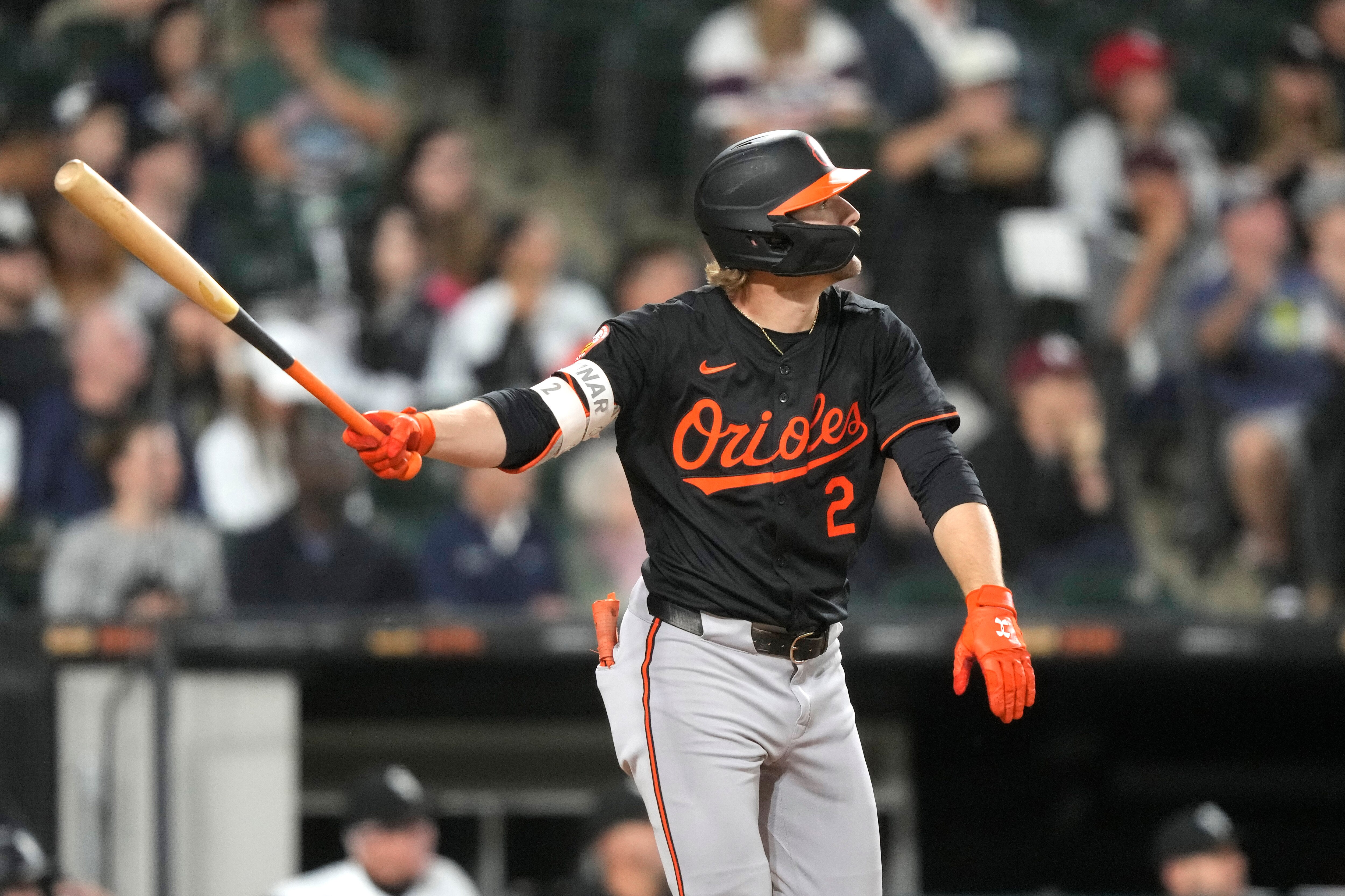 Gunnar Henderson watches his 17th home run of the season, a two-run shot, in the fifth inning Friday night as the Orioles beat the White Sox 6-4.