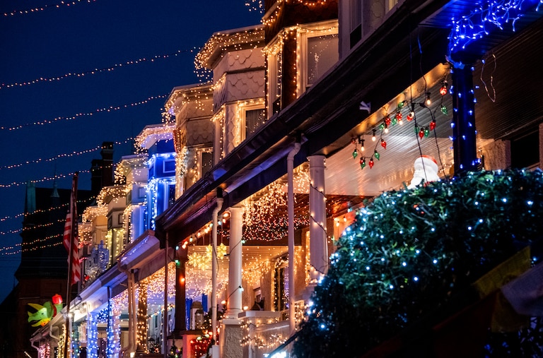 Homes are decorated in holiday lights at Hampden's Miracle on 34th Street annual display on Sunday, December 8, 2024.
