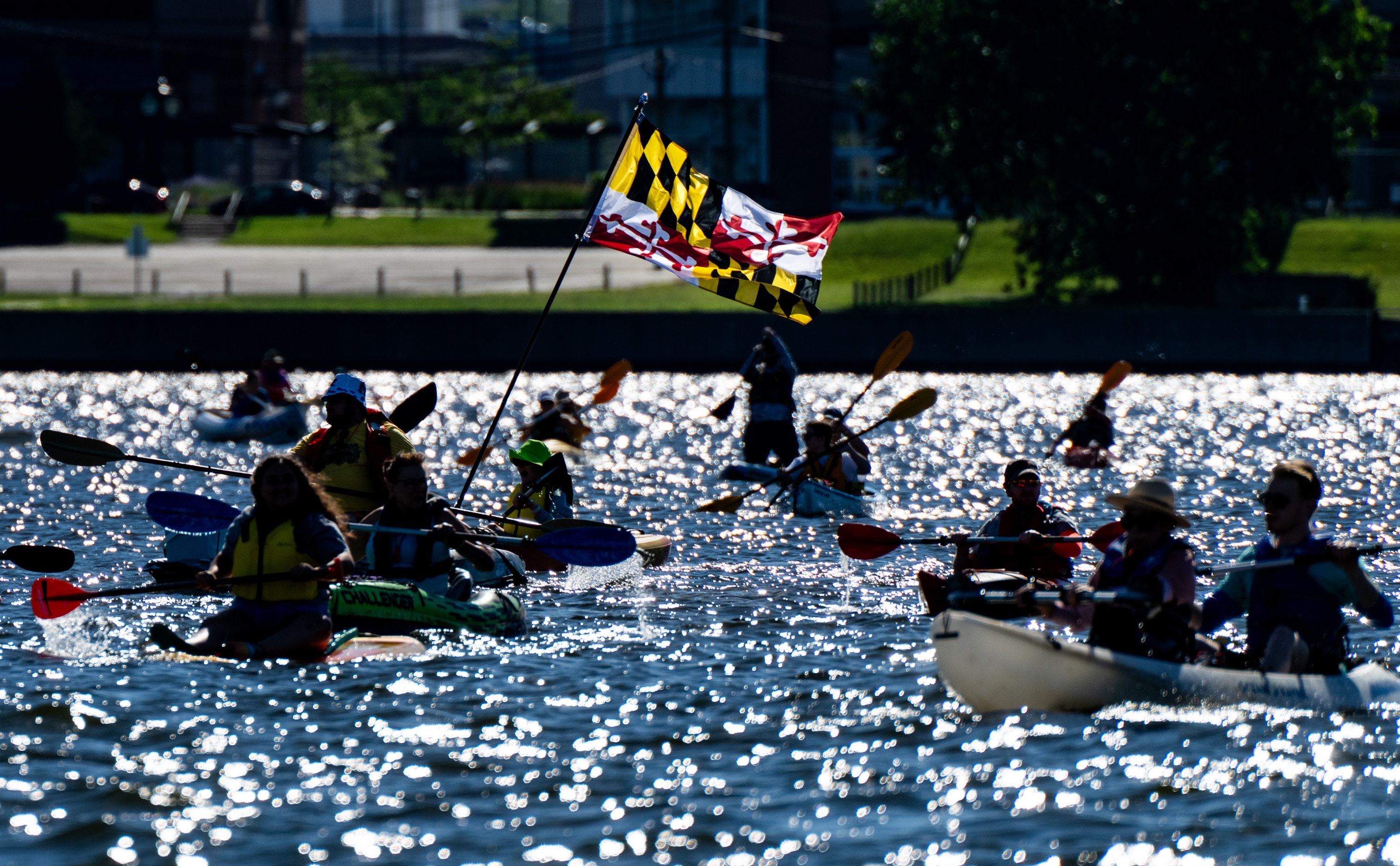 Paddlers and kayakers paddle through the Inner Harbor during Floatilla on Saturday.