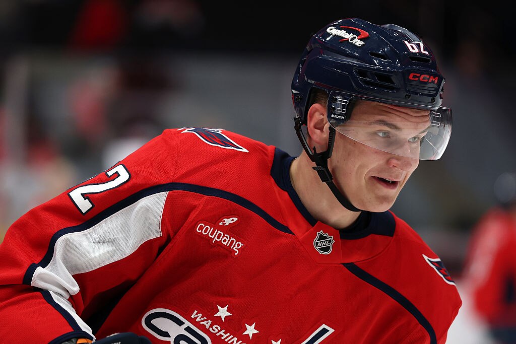 Ilya Protas looks on during warmups before the Washington Capitals play against the Boston Bruins in a preseason game on Oct. 2, 2025.