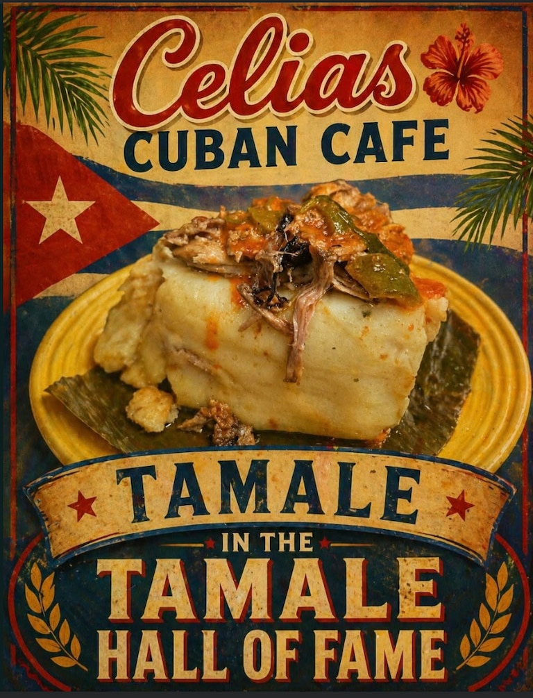 A flyer for Celia's Cuban Cafe posted by owner Ed Reynoso in the Howard County Eats Facebook page features a photo of a tamale that Reynoso took against an AI-generated background.