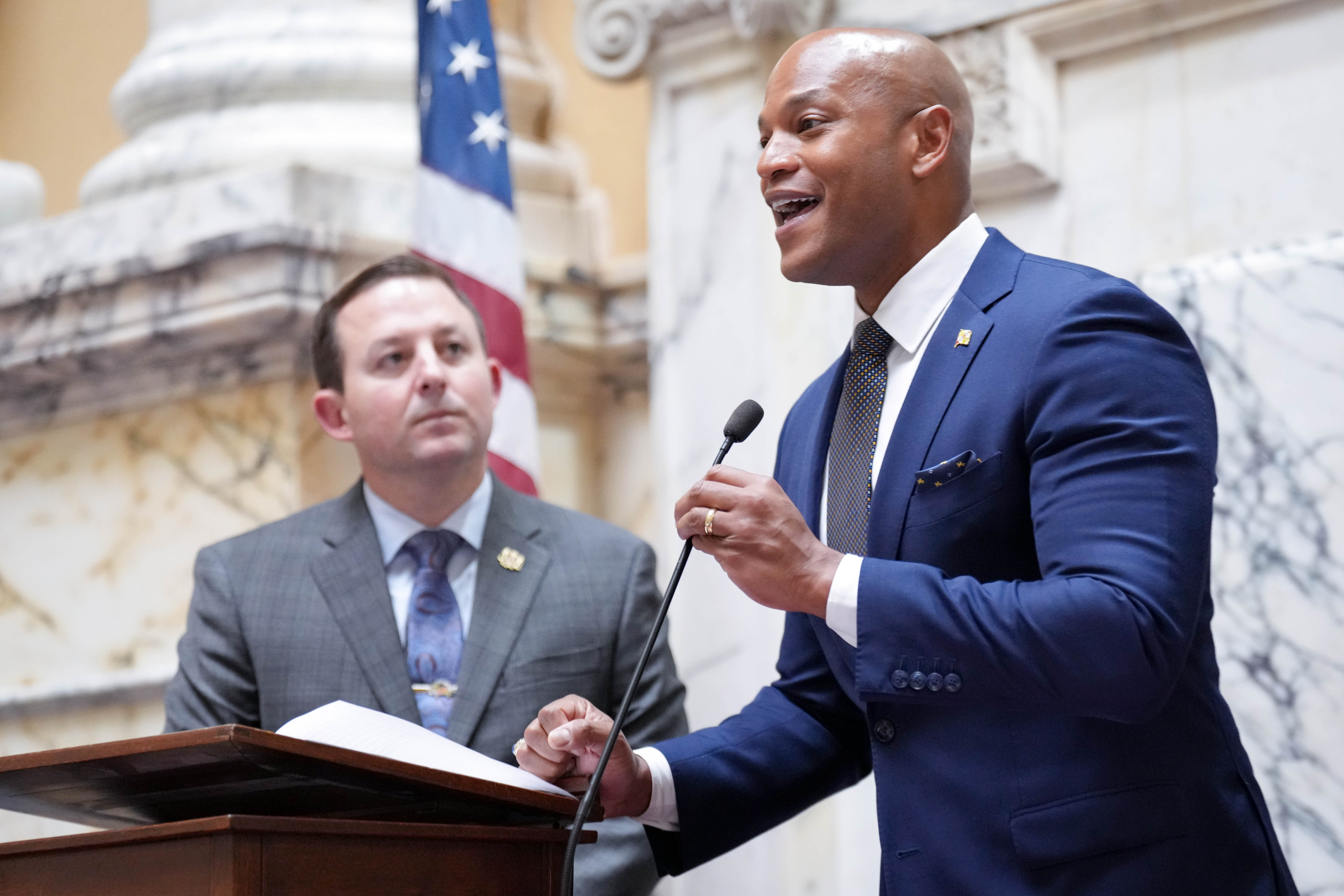 Maryland Gov. Wes Moore, right, and Senate President Bill Ferguson, left, do not see eye to eye on congressional redistricting.