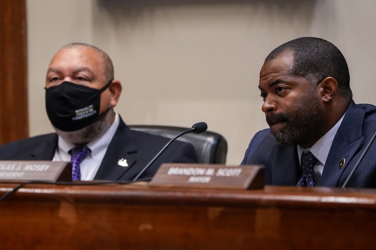 Comptroller Bill Henry, left, and Council President Nick Mosby listen during a Baltimore City Board of Estimates meeting inside City Hall on 10/5/22.