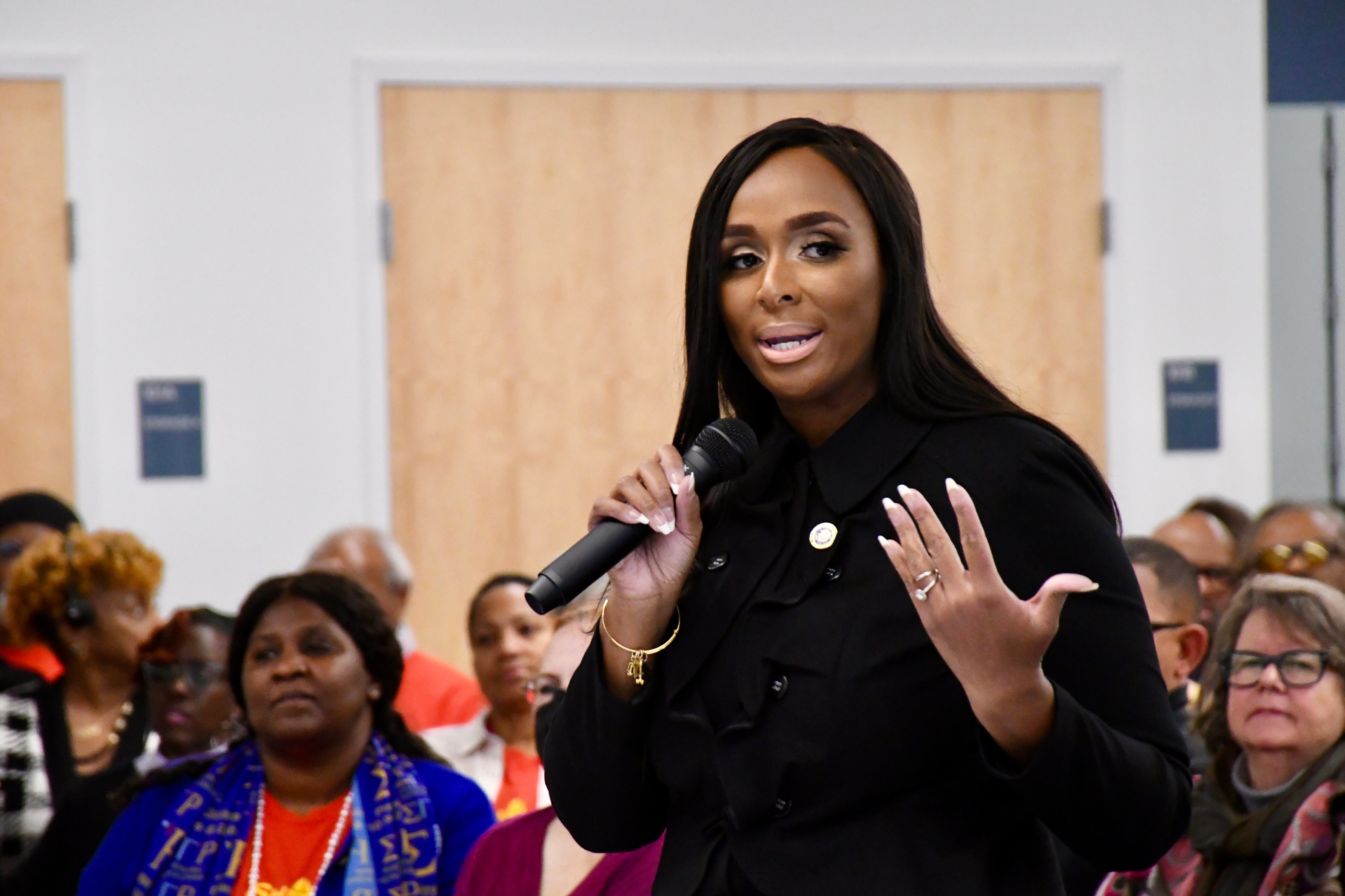 Del. Shaneka Henson speaks before the Anne Arundel County Democratic Central Committee as members consider who to nominate to fill a vacancy in the state Senate, during a meeting at the Busch Annapolis Library on Saturday, Jan. 4, 2025.
