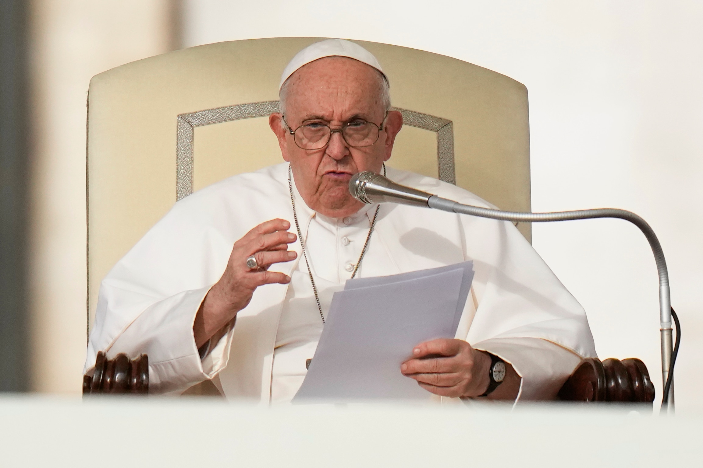 Pope Francis speaks during his weekly general audience in St. Peter's Square at The Vatican, on Oct. 18, 2023.