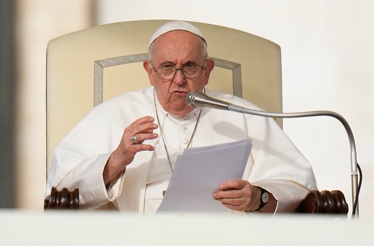Pope Francis speaks during his weekly general audience in St. Peter's Square at The Vatican, on Oct. 18, 2023.