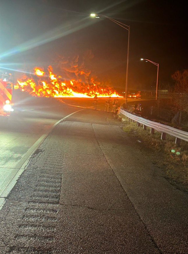 Scene of fiery tanker crash that has shut down both directions of the I-795 expressway in Pikesville.