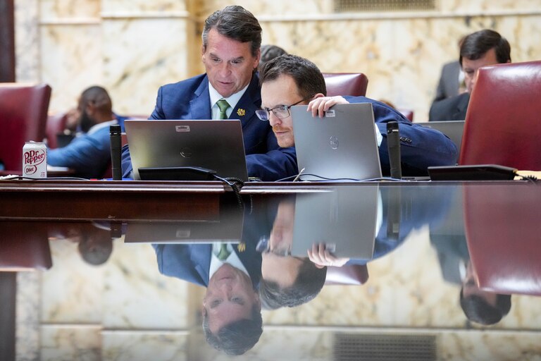 Maryland Senate Minority Leader Stephen Hershey (left) and Minority Whip Justin Ready go over documents together during floor debate on crossover day at the Maryland State House in Annapolis, Md. on Monday, March 17, 2025. Any bill not passed by either the House or Senate by midnight on crossover day is likely defeated for the 2025 session.
