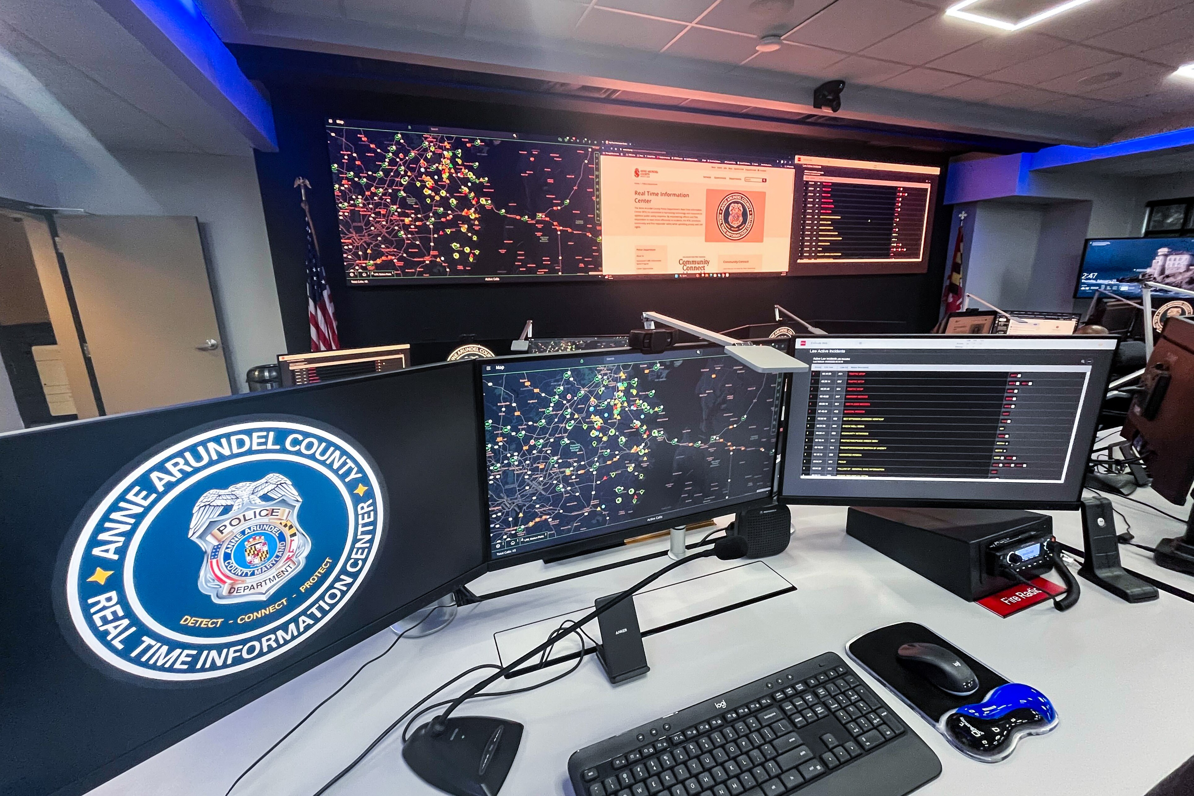 A work station at the Real Time Information Center. When there's a police call, intelligence team members can help responding officers by tuning in live to certain cameras and relaying what they're seeing.