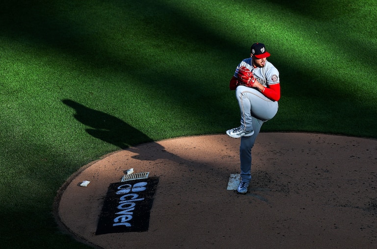 NEW YORK, NEW YORK - SEPTEMBER 20: Cade Cavalli #24 of the Washington Nationals pitches during the second inning against the New York Mets at Citi Field on September 20, 2025 in the Queens borough of New York City.