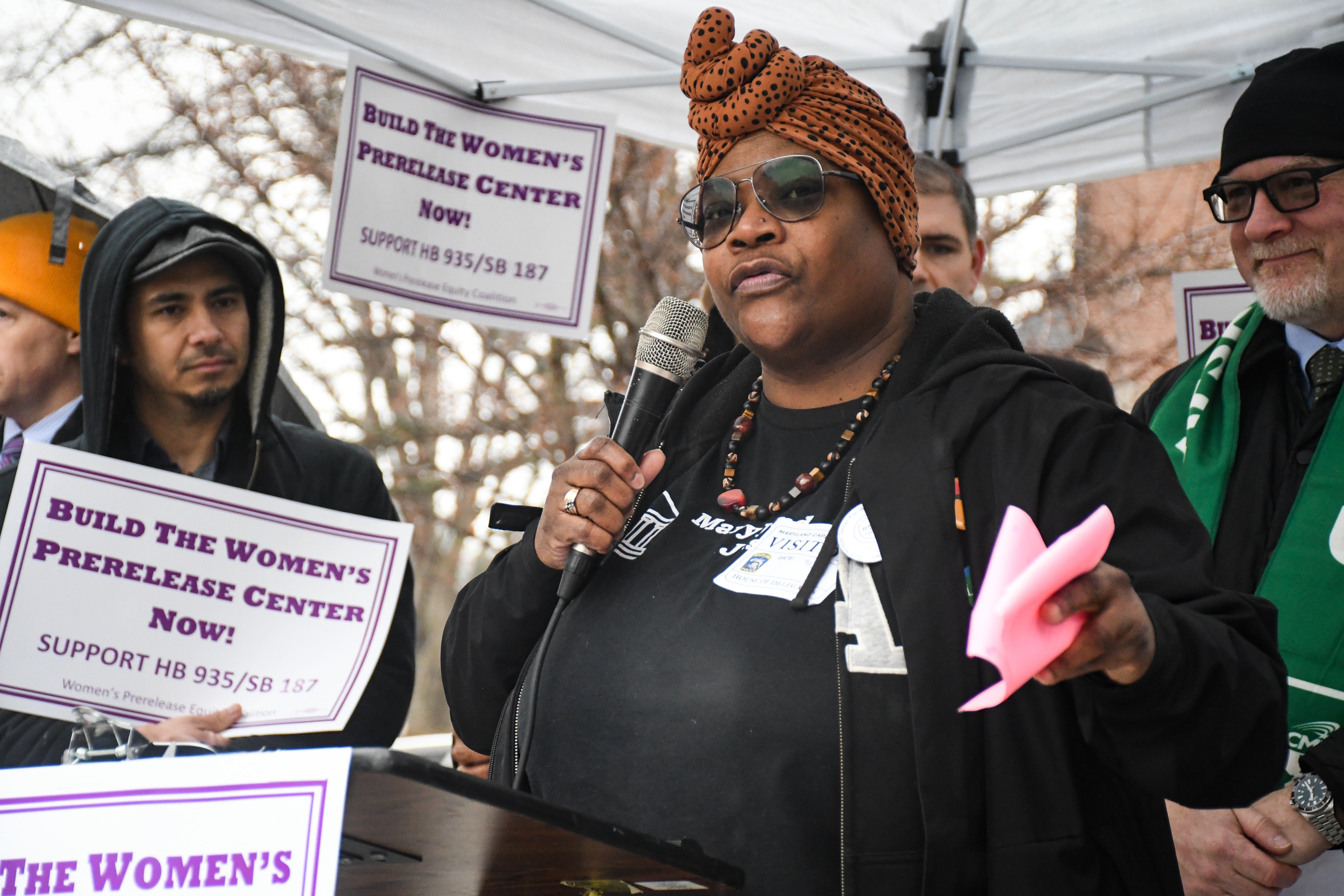 Monica Cooper, a formerly incarcerated woman, leads a rally outside the State House in Annapolis this month to push the state to follow a law that requires it to open a stand-alone prerelease facility for incarcerated women. 
