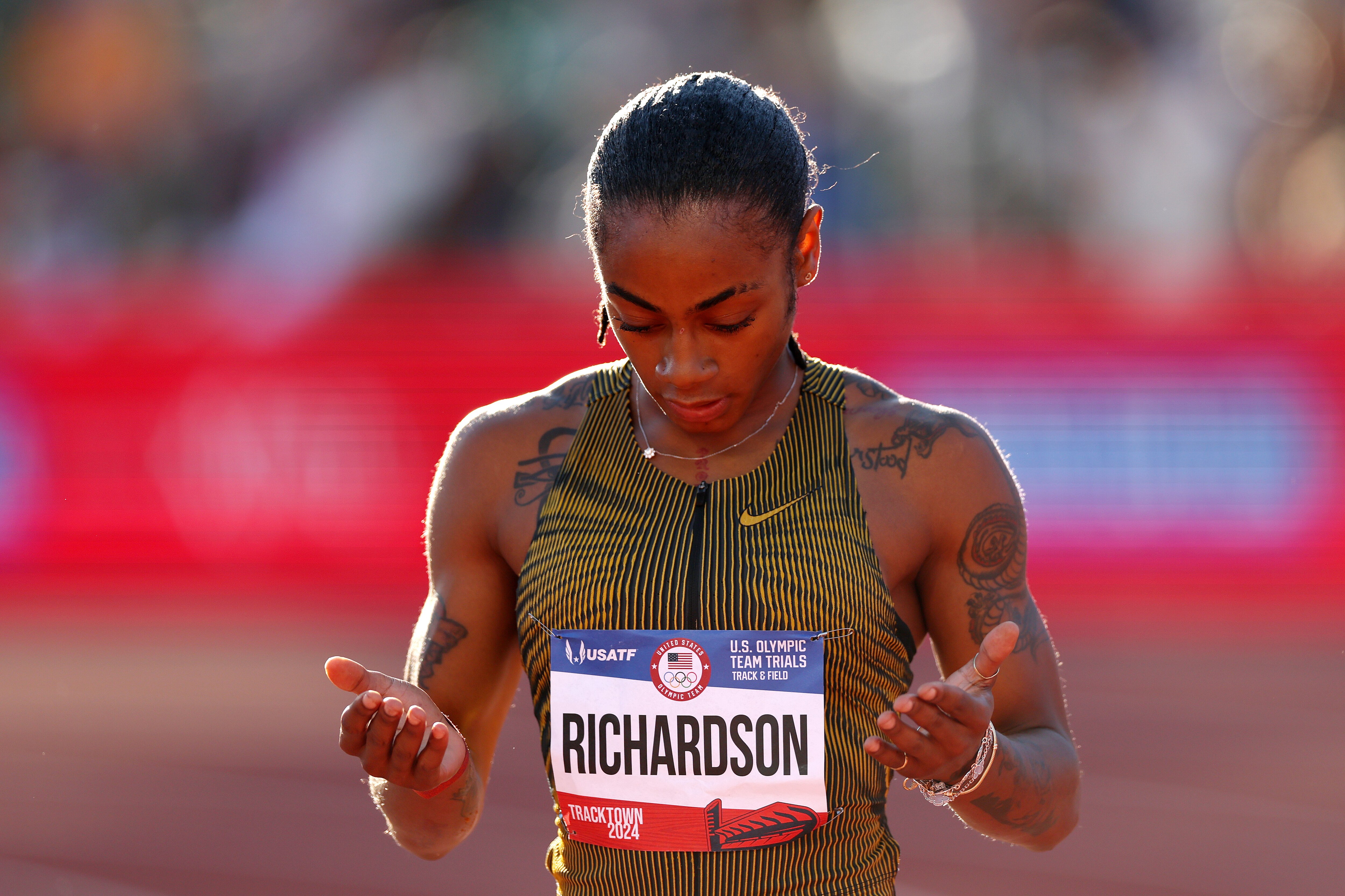 Sha’Carri Richardson matched her personal best time in the 200 meters Friday at the Olympic track trials.