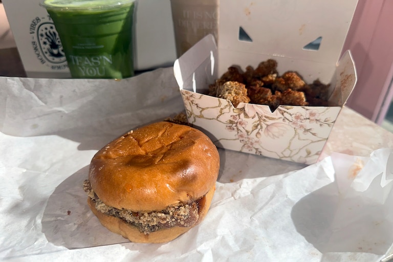 Spicy halal fried chicken is served two ways: in basil popcorn chicken bites or as a Taiwanese chicken sandwich.