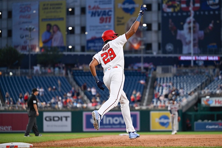 Washington Nationals' James Wood runs the bases after hitting a grand slam during the fifth inning.