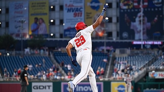 Washington Nationals' James Wood runs the bases after hitting a grand slam during the fifth inning.