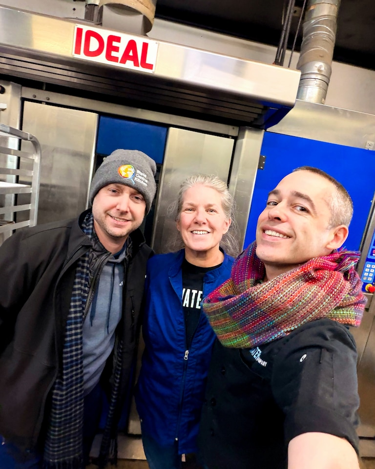 From left, Caruso’s Grocery chef Matthew Adler joined chef Noelie Rickey and chef Markos Panas of Bread and Water Company.