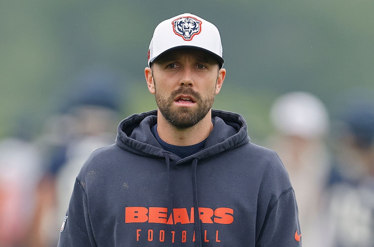 Chicago Bears offensive coordinator Declan Doyle looks on during organized team activities on June 4, 2025.