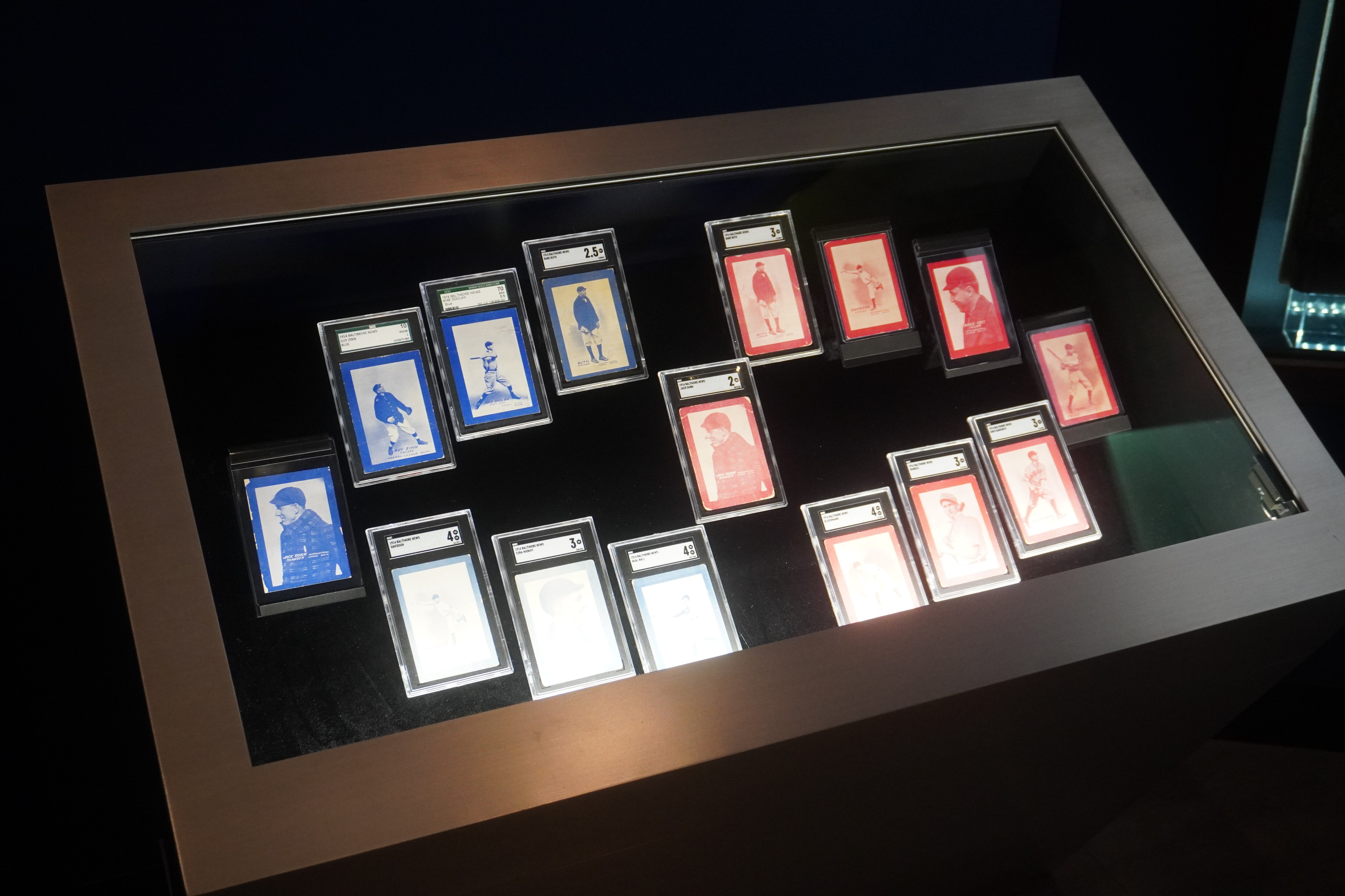 Vintage Babe Ruth baseball cards are on display inside the Babe Ruth Birthplace and Museum.