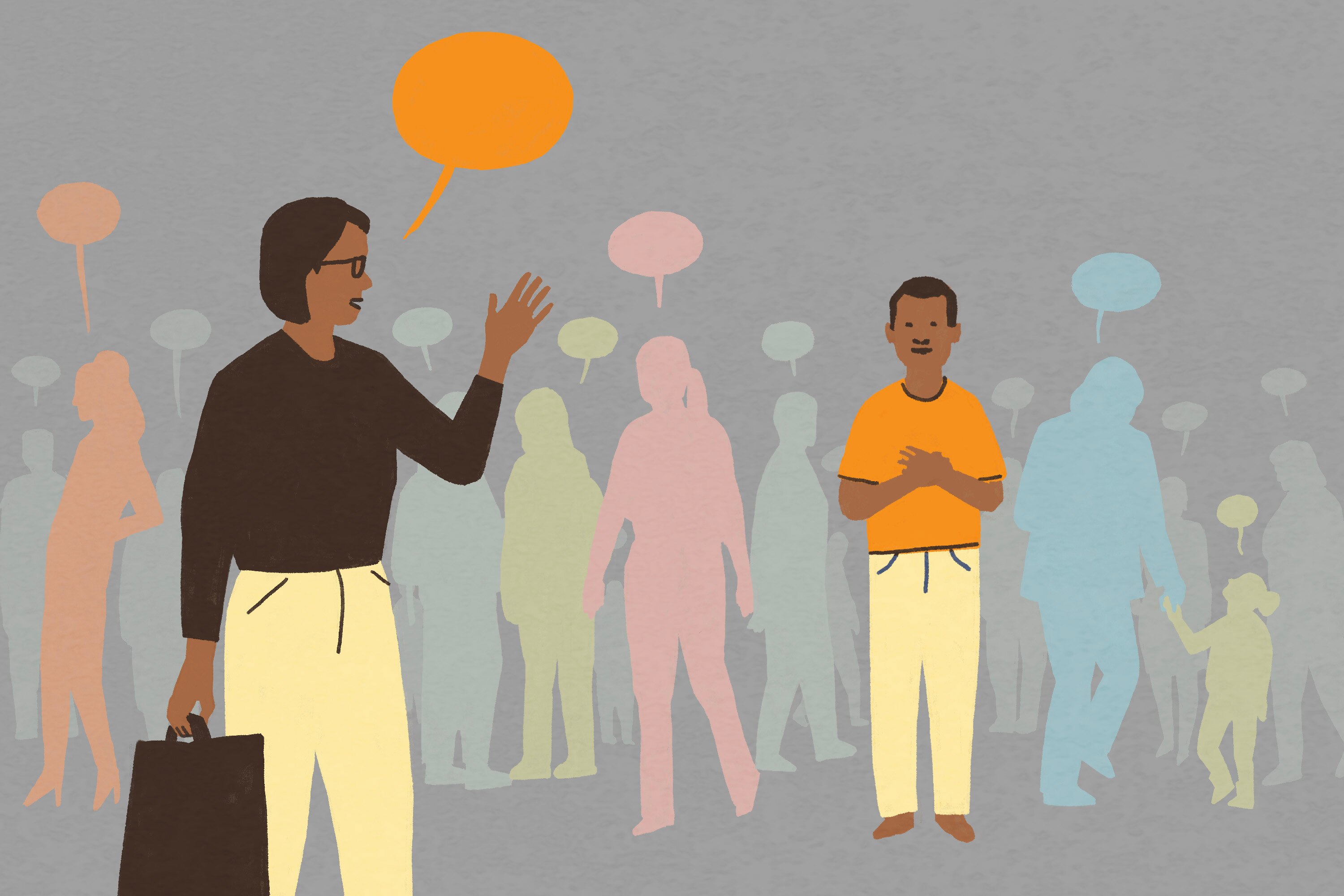 Illustration of adult speaking speech bubble that matches the color of a young person’s shirt. People in crowd around young person have their own speech bubbles of different colors.