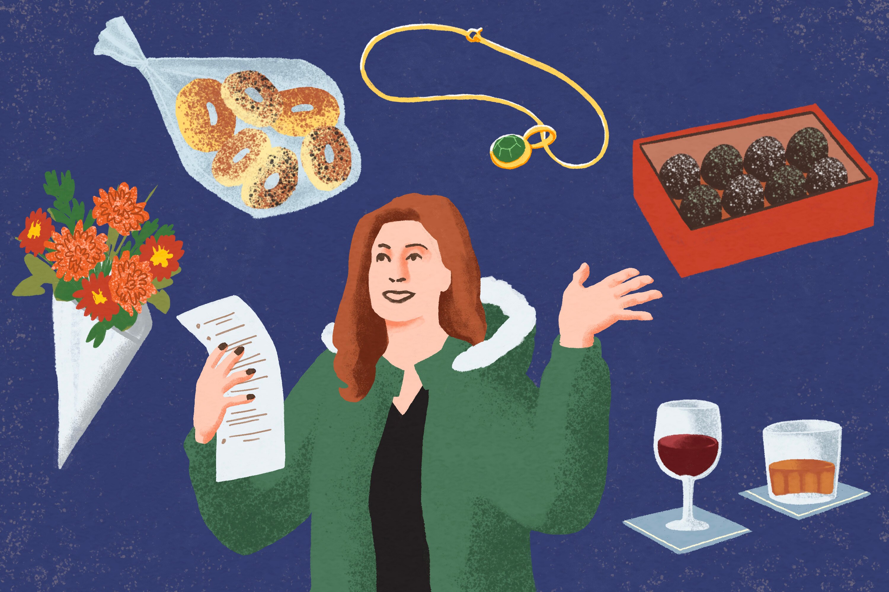 Illustration of woman with list in hand, she is surrounded by a flower bouquet, a bag of bagels, a necklace, a box of chocolates, and two drinks.